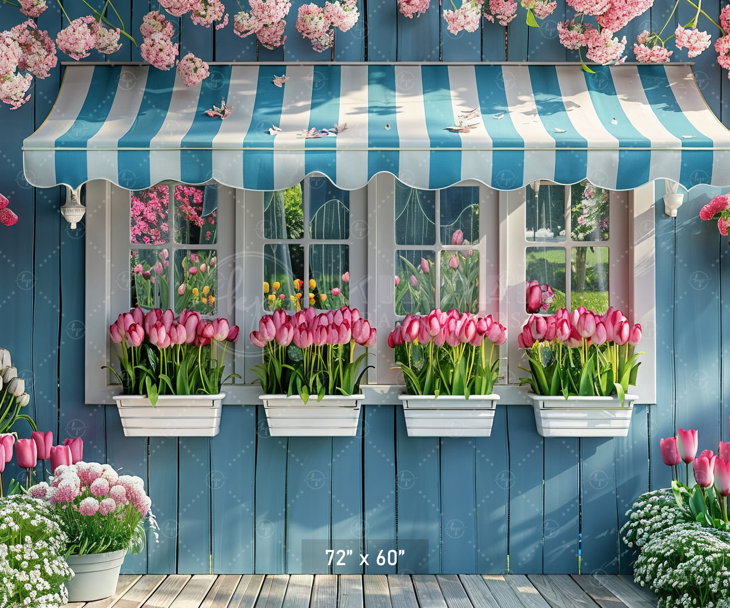 Charming Blue Cottage with Tulips Backdrop