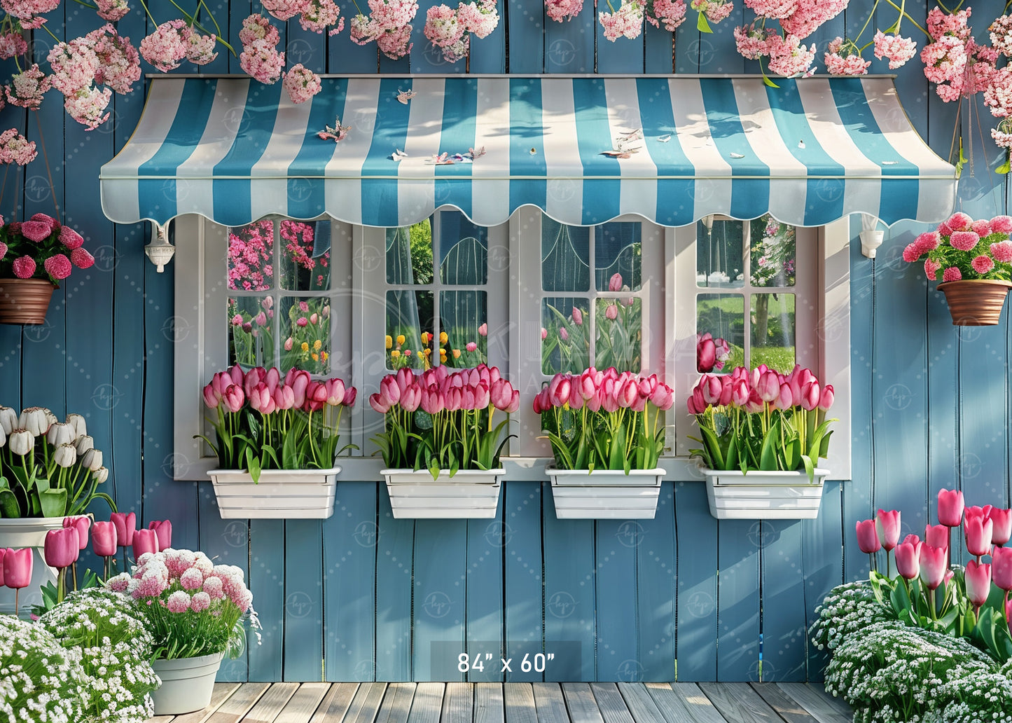 Charming Blue Cottage with Tulips Backdrop