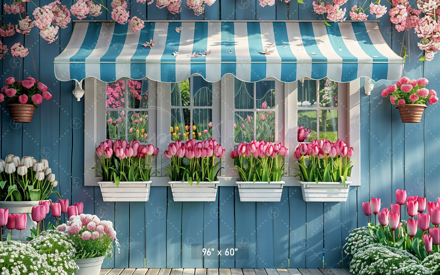 Charming Blue Cottage with Tulips Backdrop