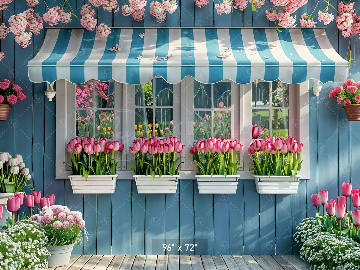 Charming Blue Cottage with Tulips Backdrop