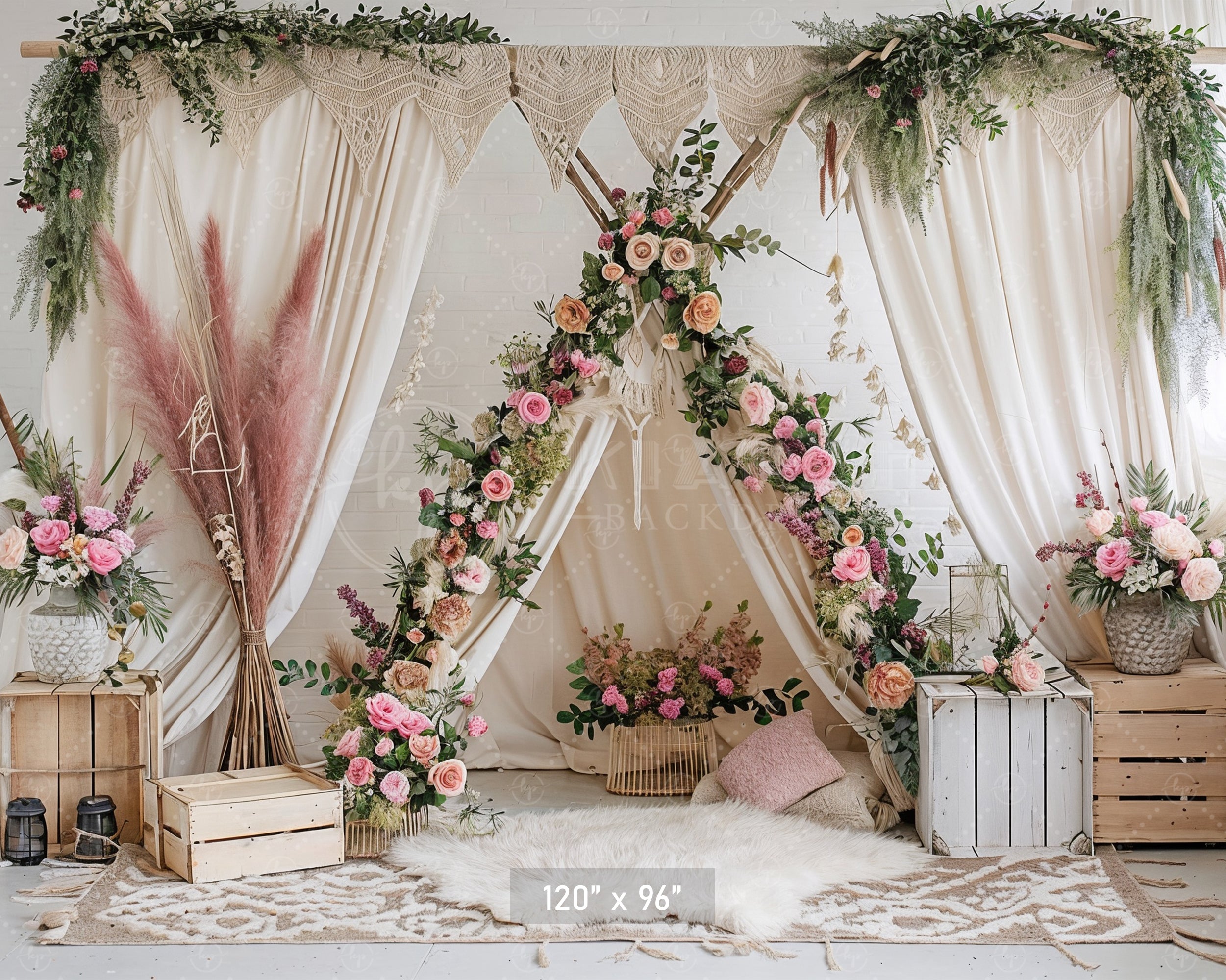 Boho Floral Teepee with Rustic Accents Backdrop