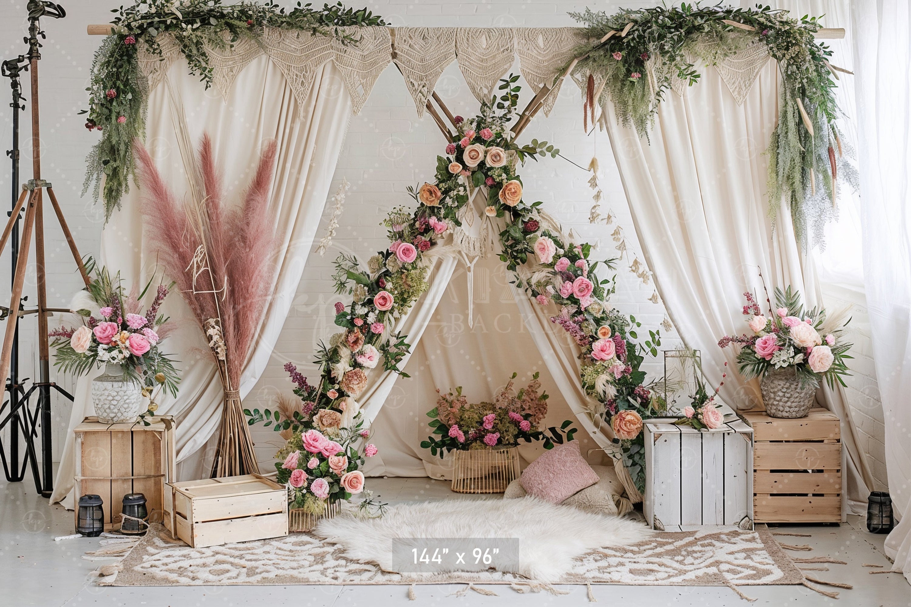 Boho Floral Teepee with Rustic Accents Backdrop