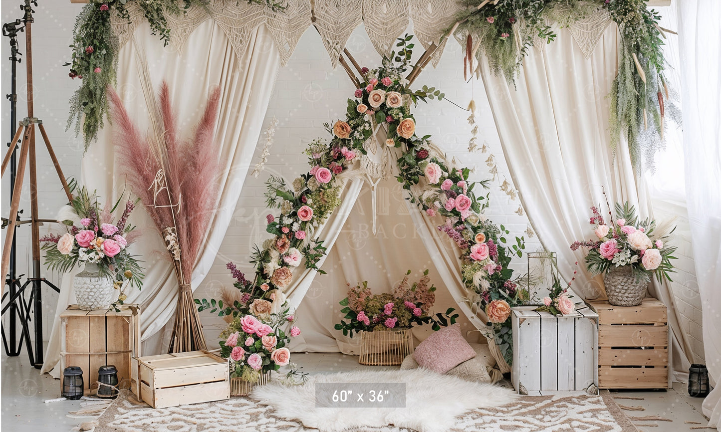 Boho Floral Teepee with Rustic Accents Backdrop