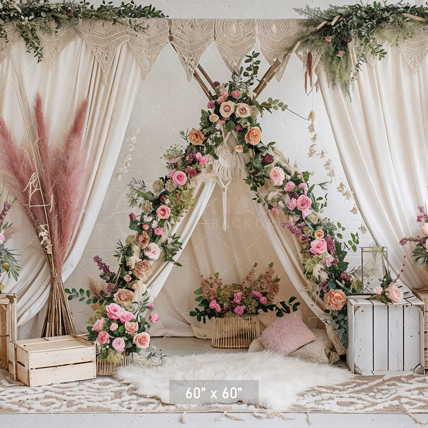 Boho Floral Teepee with Rustic Accents Backdrop