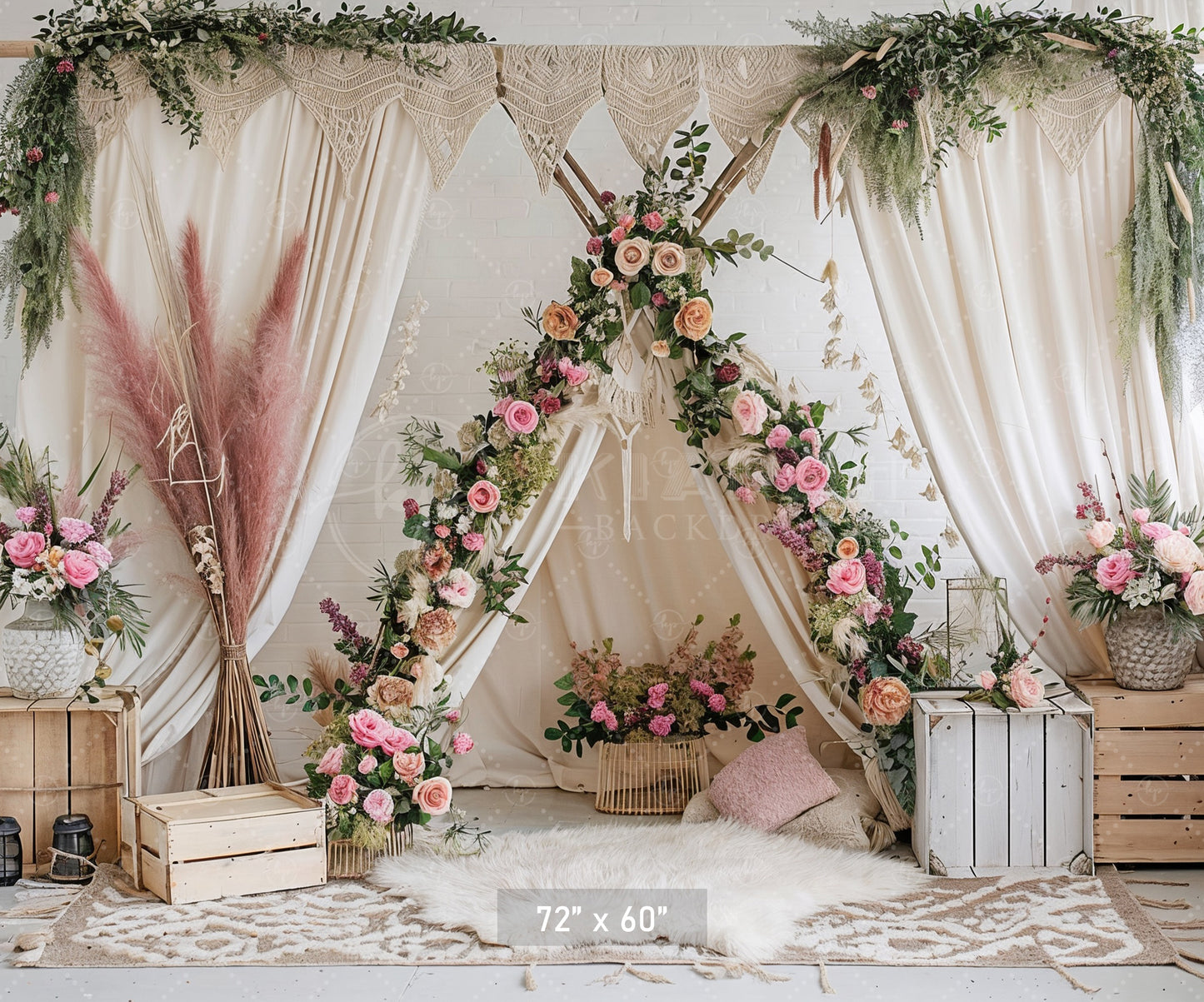 Boho Floral Teepee with Rustic Accents Backdrop