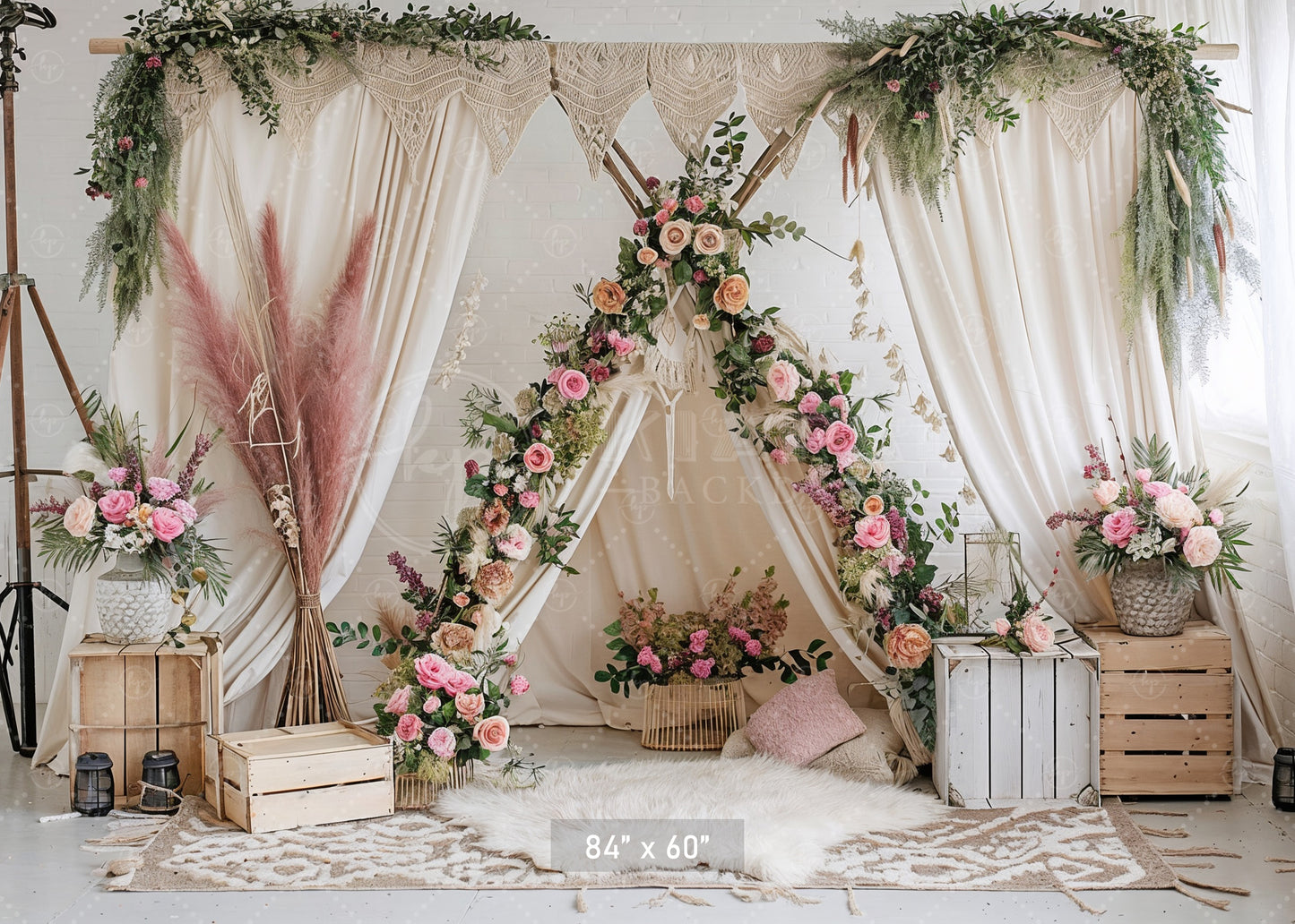 Boho Floral Teepee with Rustic Accents Backdrop