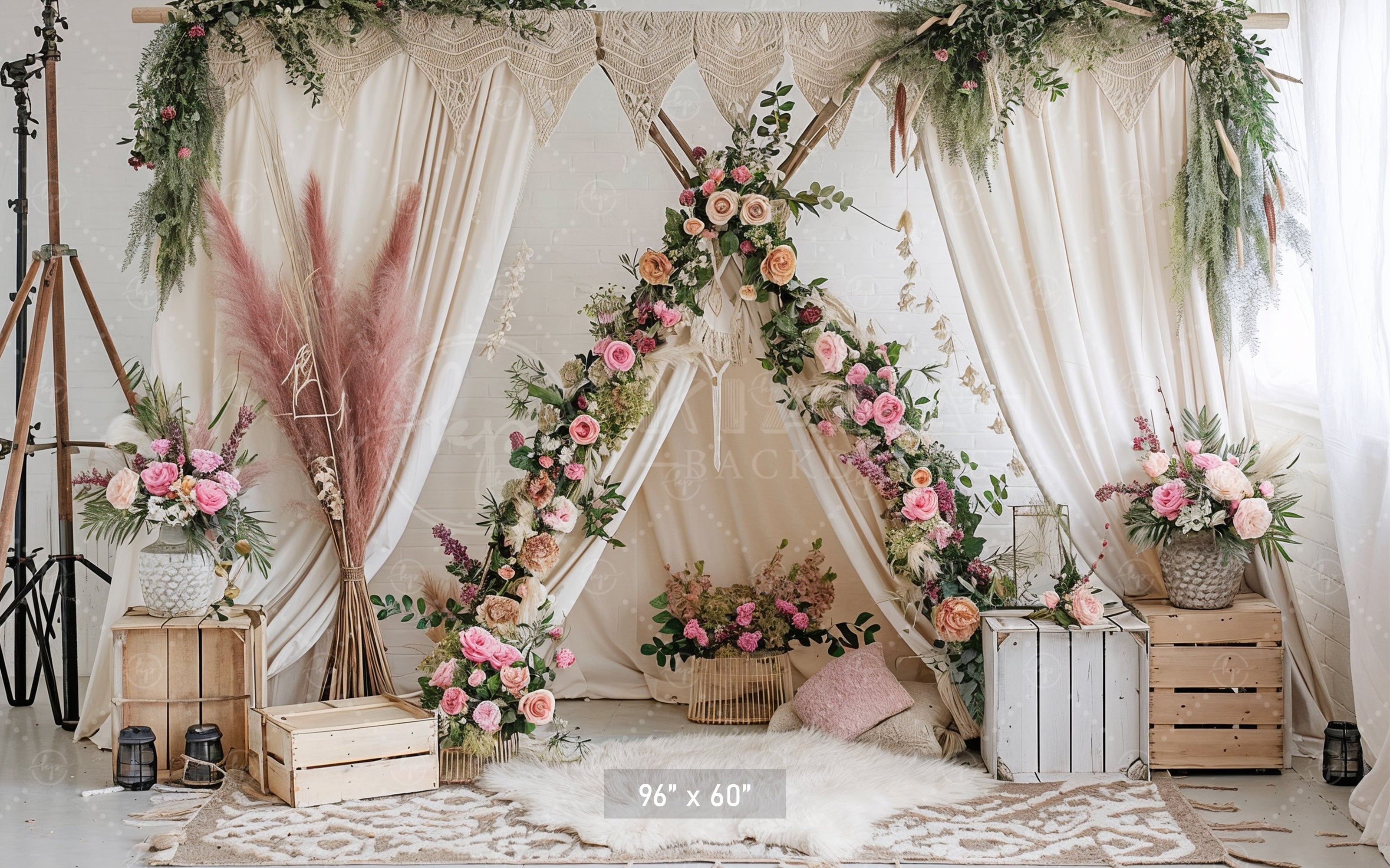 Boho Floral Teepee with Rustic Accents Backdrop
