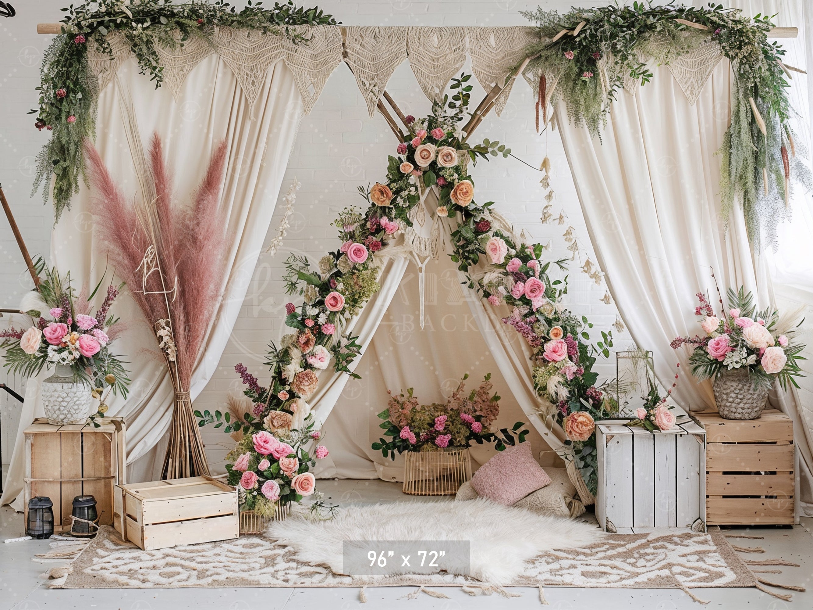 Boho Floral Teepee with Rustic Accents Backdrop