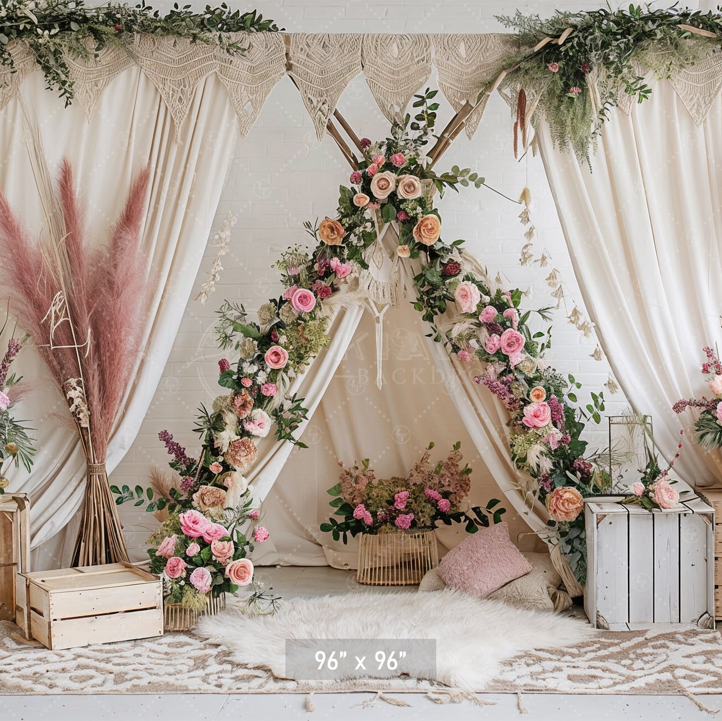 Boho Floral Teepee with Rustic Accents Backdrop