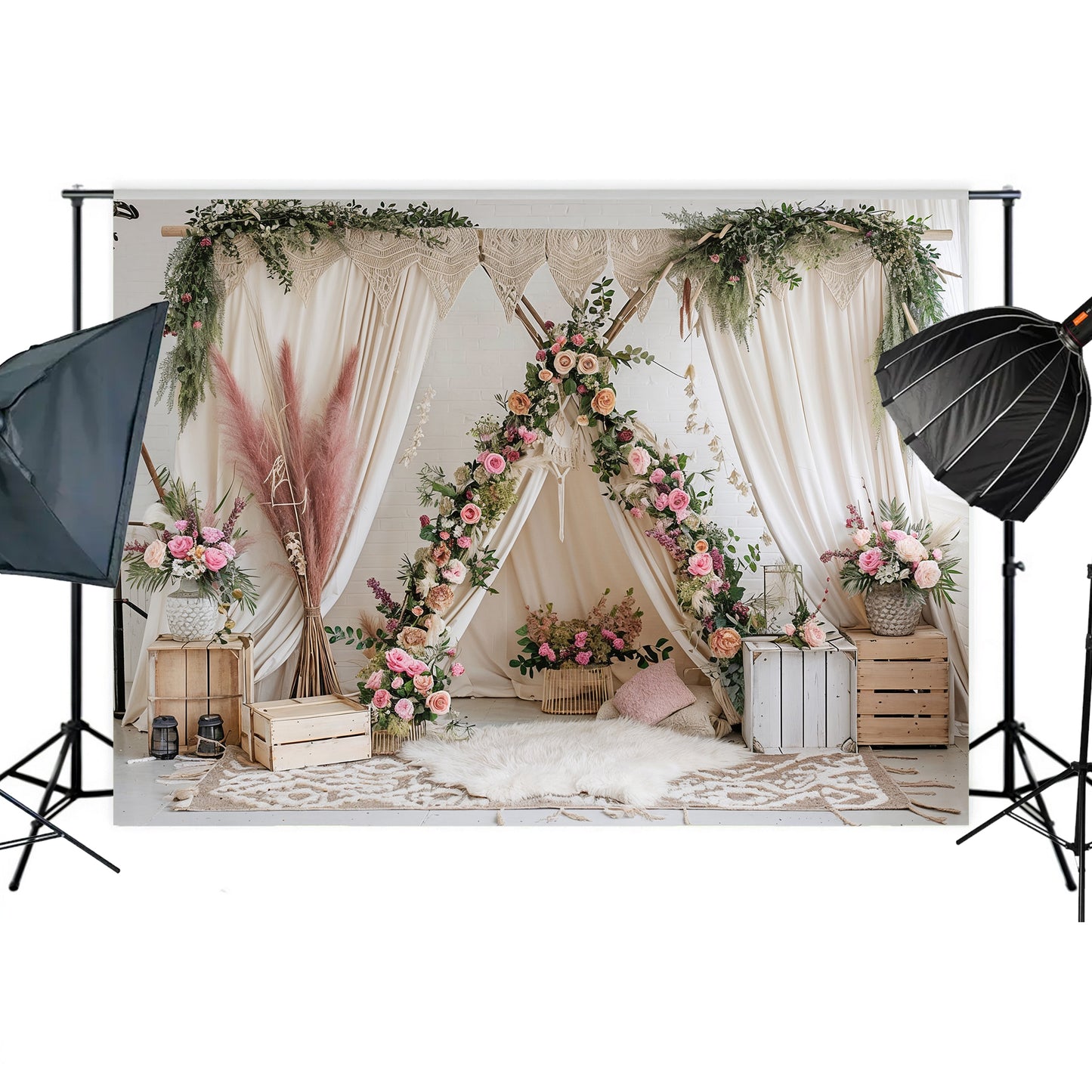 Boho Floral Teepee with Rustic Accents Backdrop