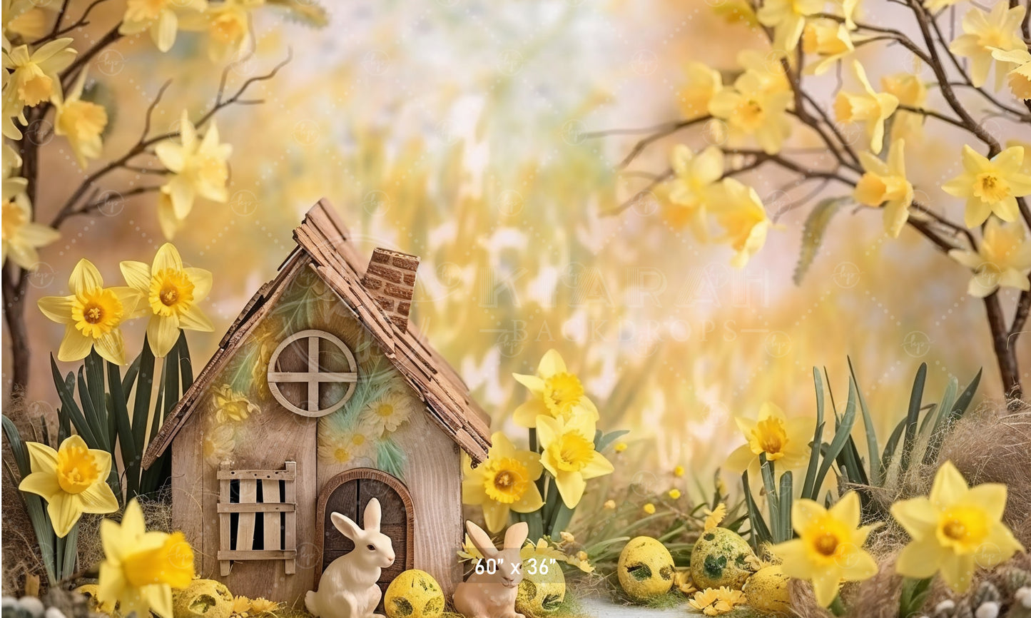 Springtime Bunny Cottage Backdrop