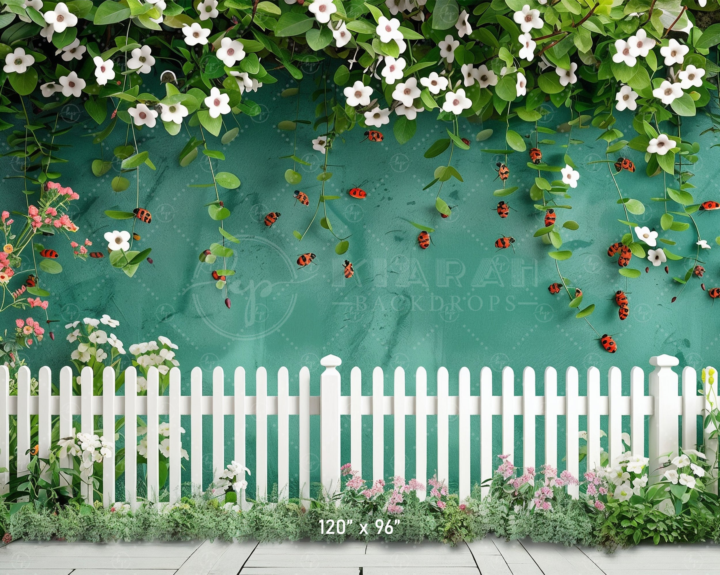 Floral Garden with Ladybugs & White Picket Fence Backdrop