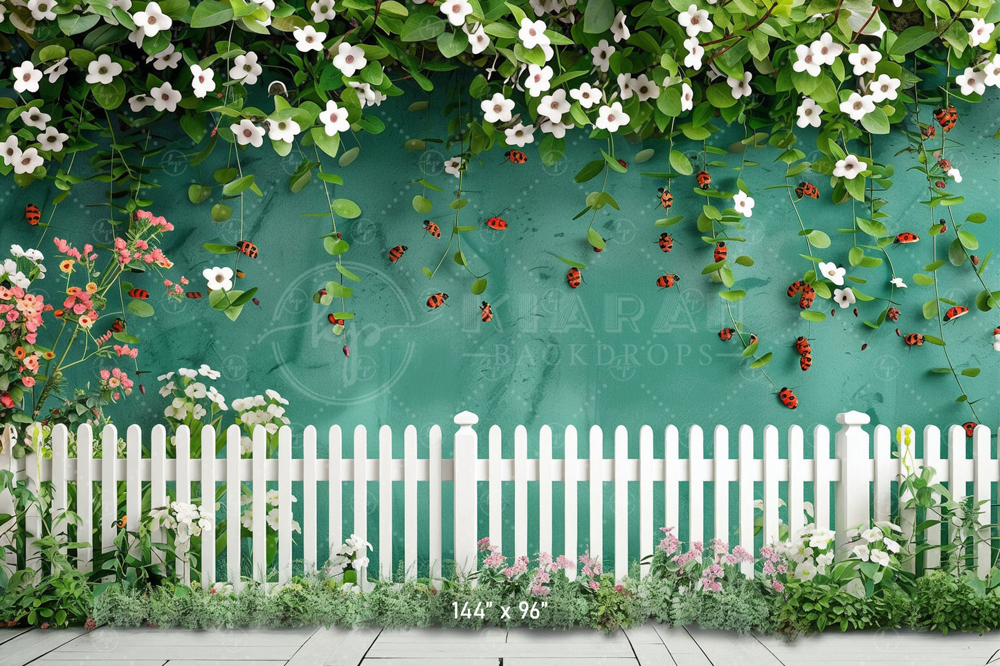 Floral Garden with Ladybugs & White Picket Fence Backdrop