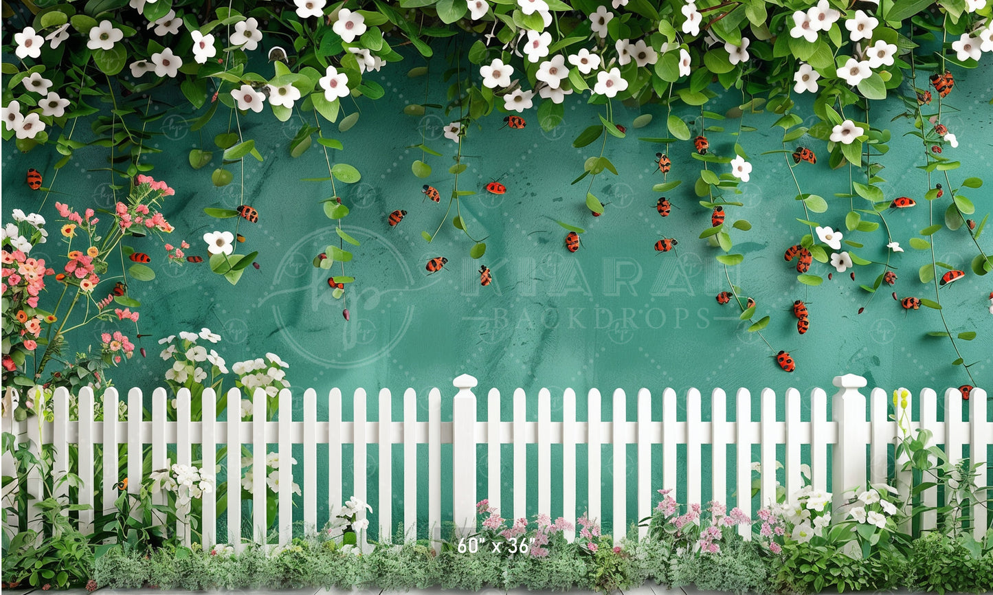 Floral Garden with Ladybugs & White Picket Fence Backdrop