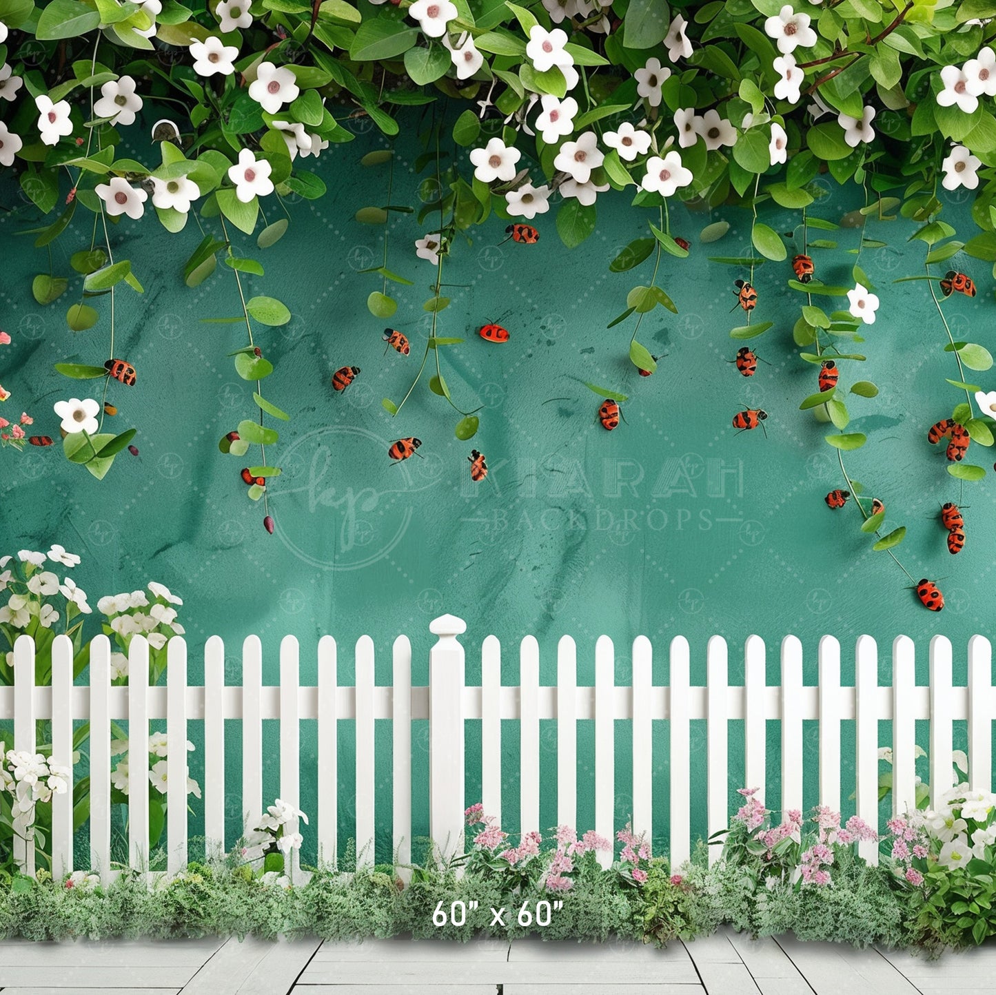 Floral Garden with Ladybugs & White Picket Fence Backdrop