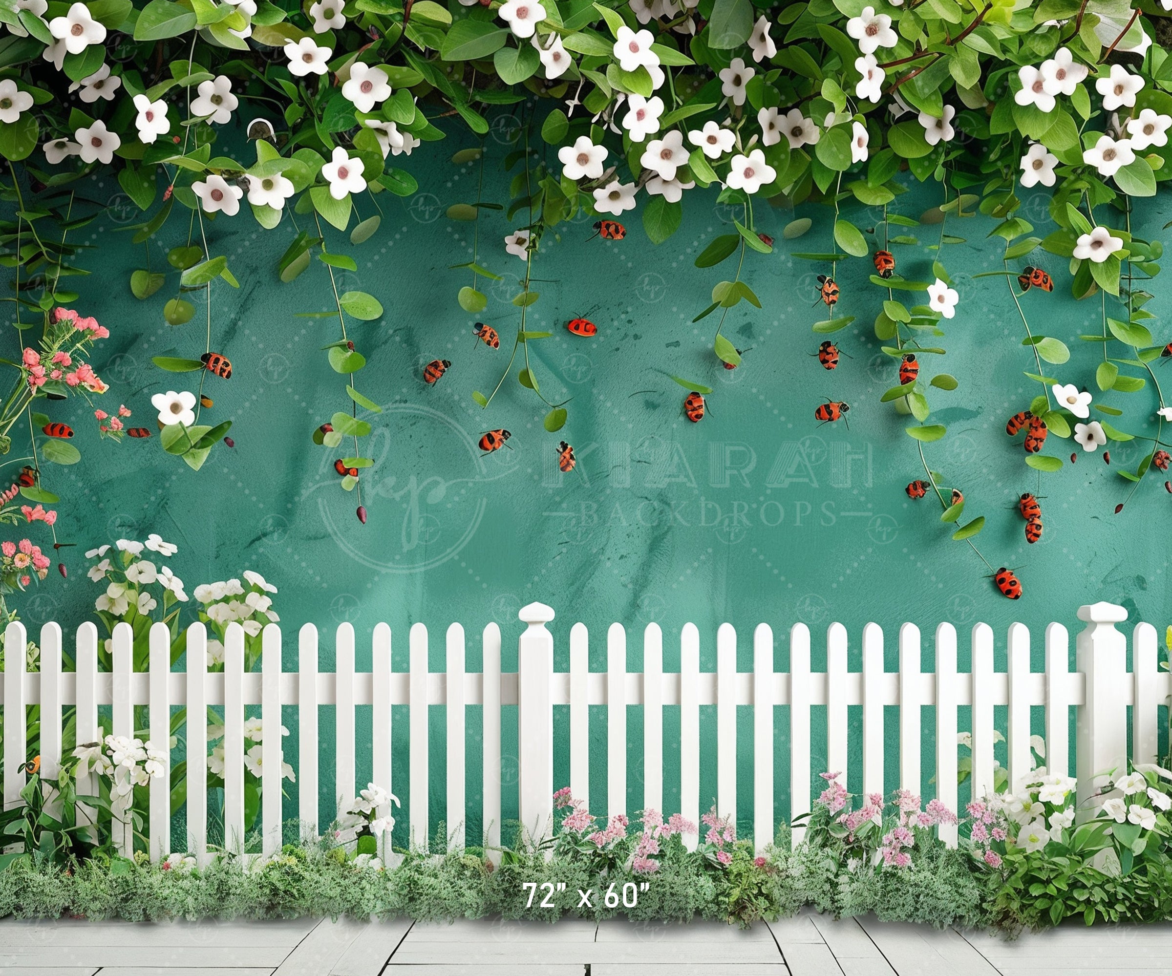 Floral Garden with Ladybugs & White Picket Fence Backdrop