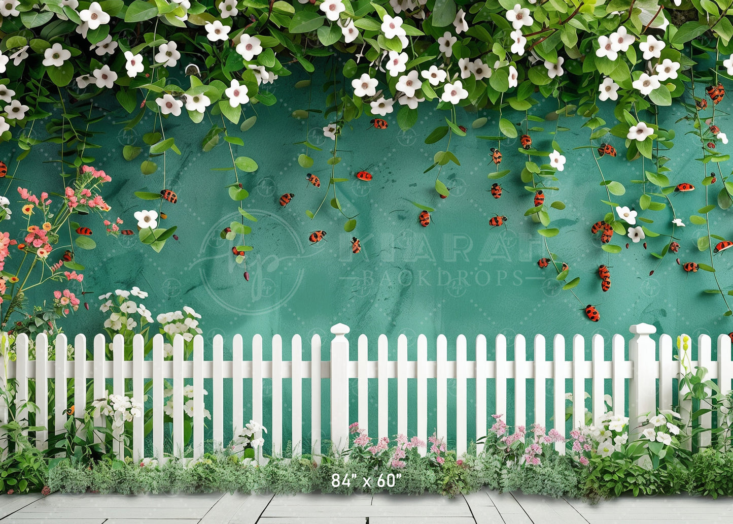 Floral Garden with Ladybugs & White Picket Fence Backdrop