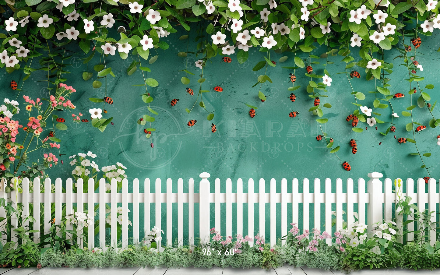 Floral Garden with Ladybugs & White Picket Fence Backdrop