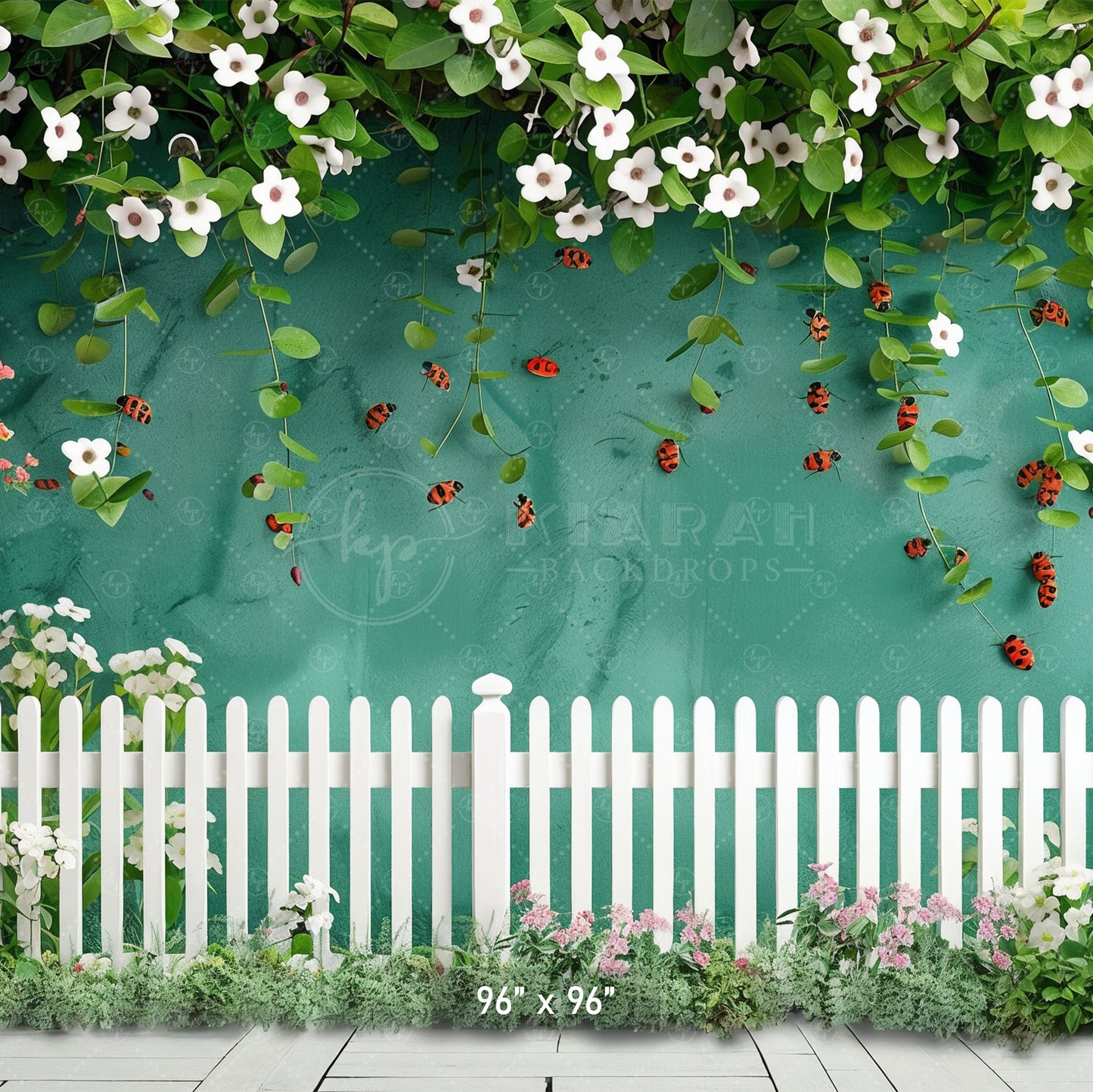 Floral Garden with Ladybugs & White Picket Fence Backdrop