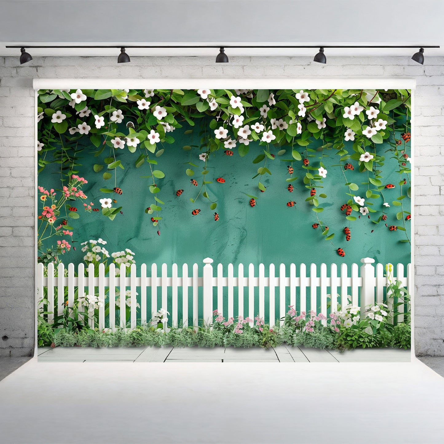 Floral Garden with Ladybugs & White Picket Fence Backdrop