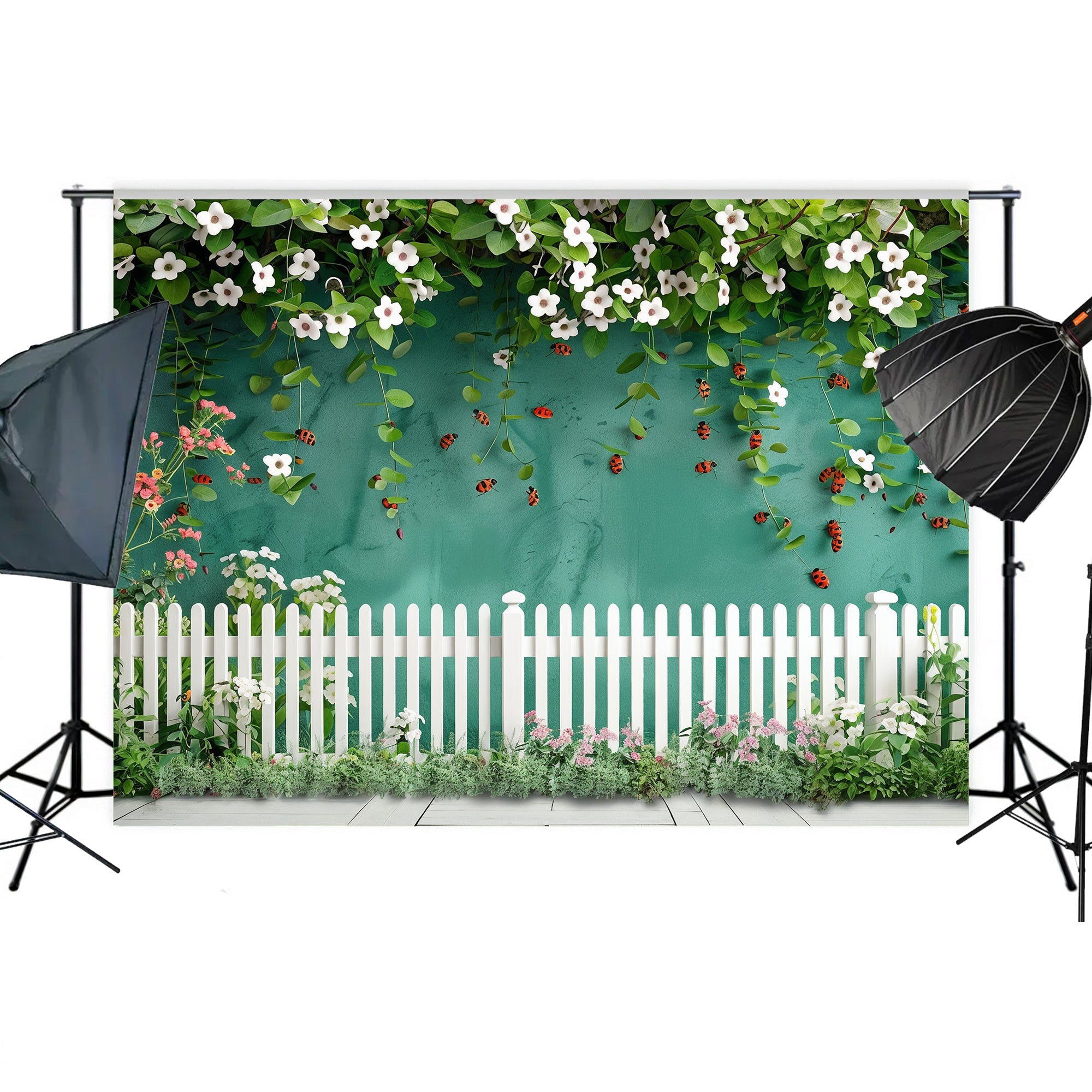 Floral Garden with Ladybugs & White Picket Fence Backdrop