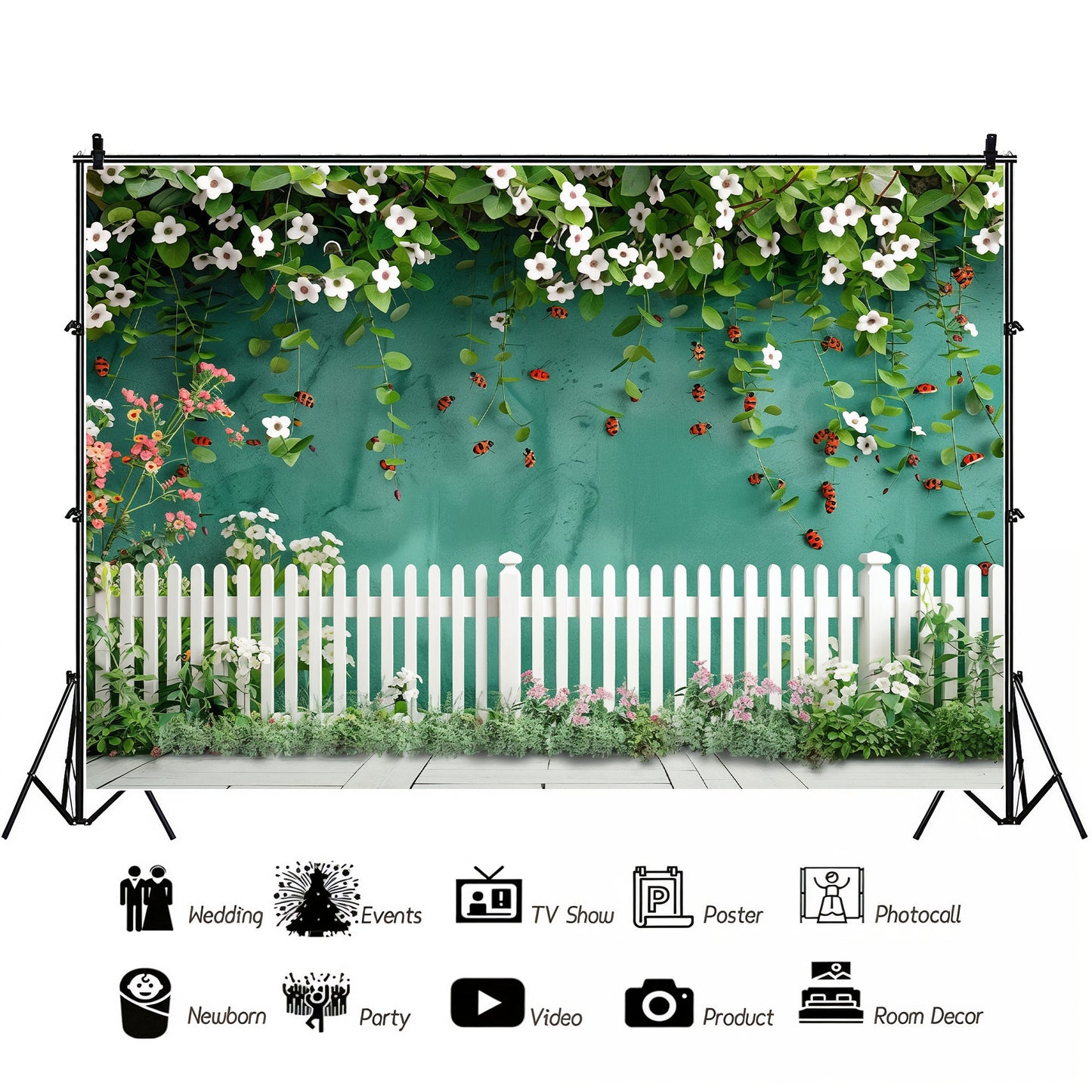 Floral Garden with Ladybugs & White Picket Fence Backdrop