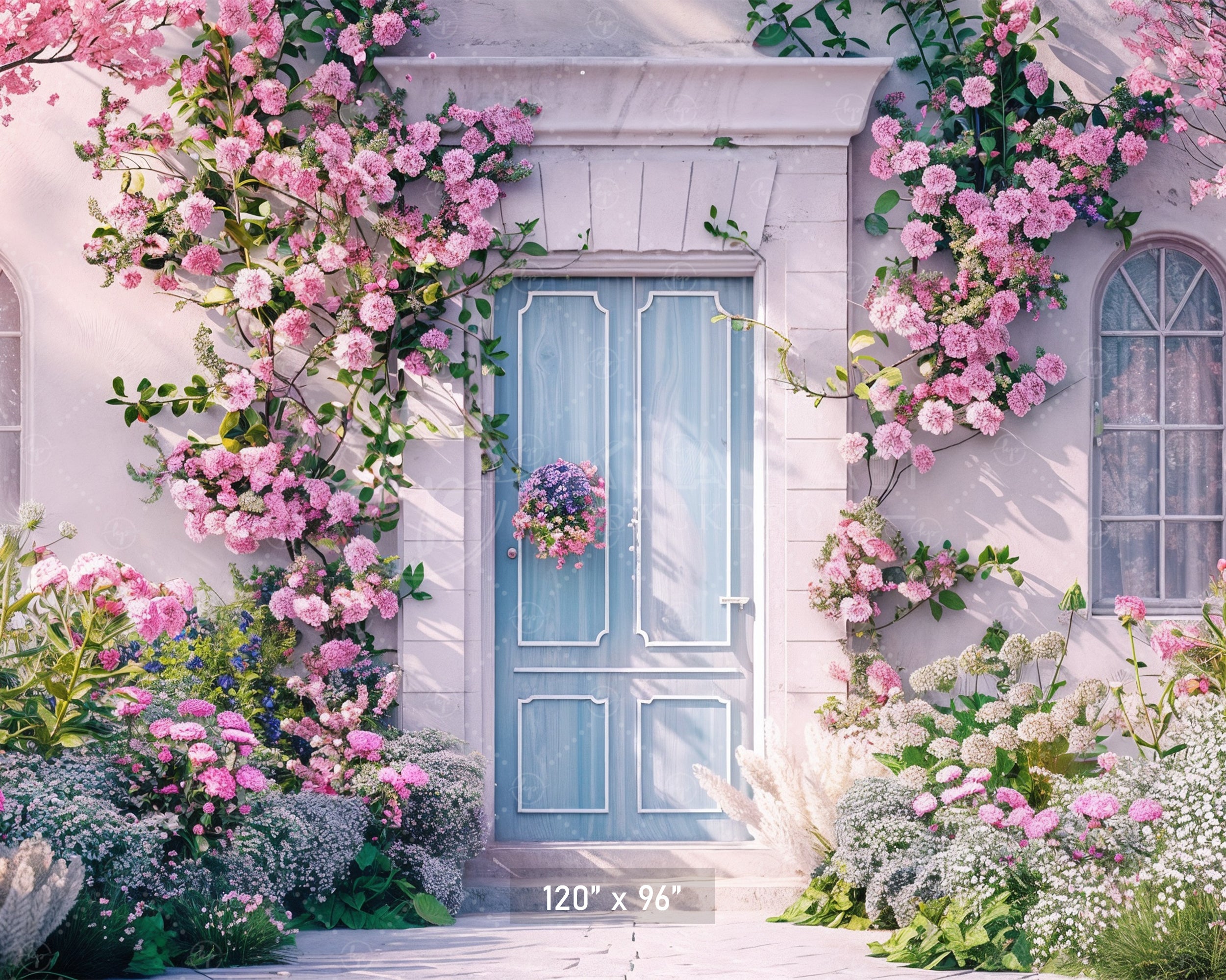 Blooming Pink Cottage Entrance Backdrop