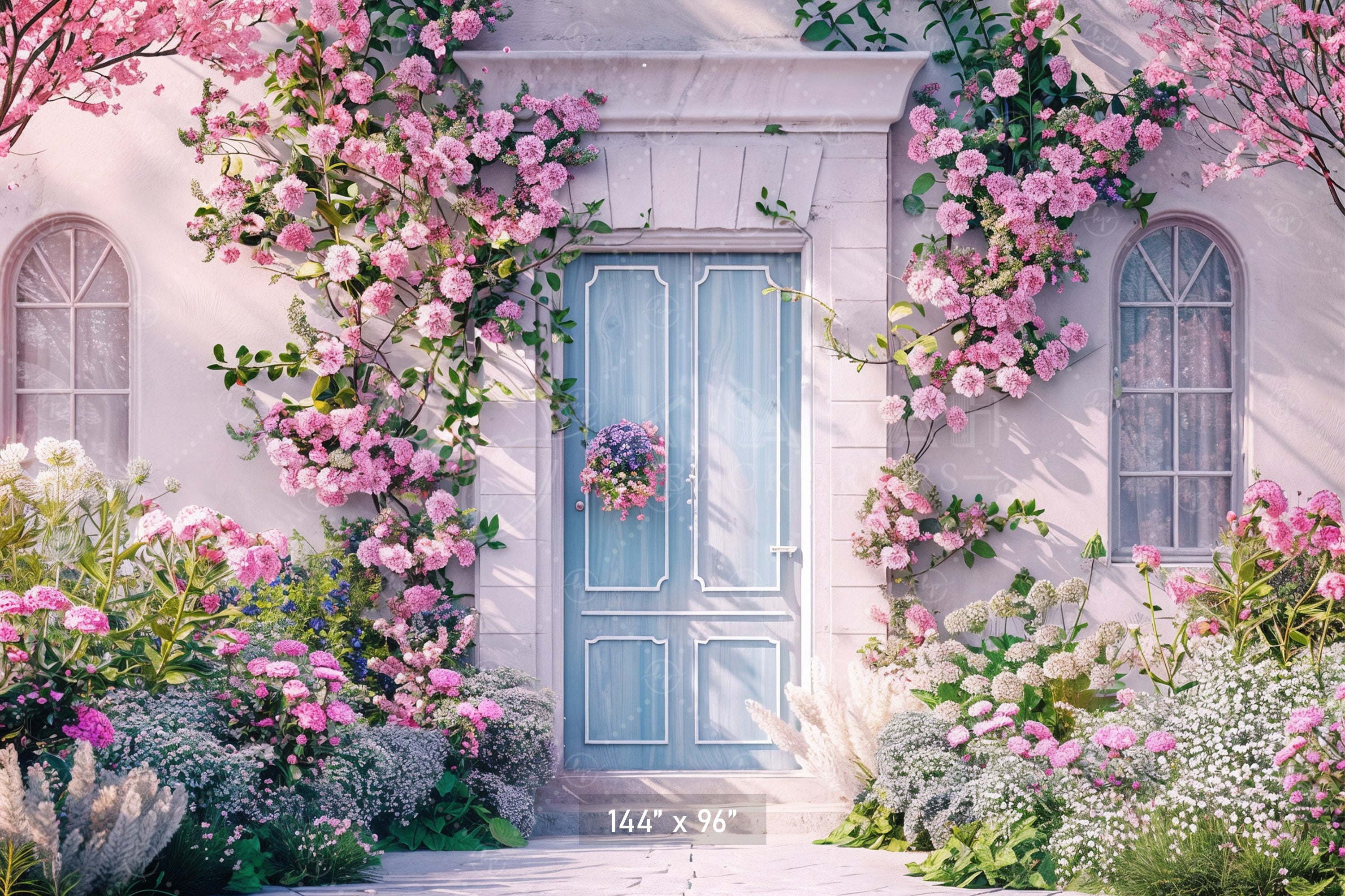 Blooming Pink Cottage Entrance Backdrop