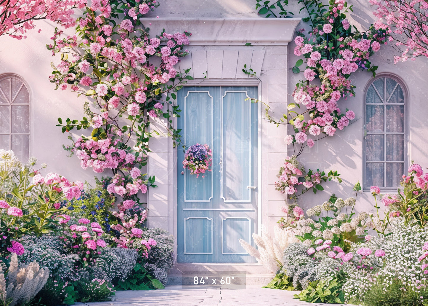 Blooming Pink Cottage Entrance Backdrop