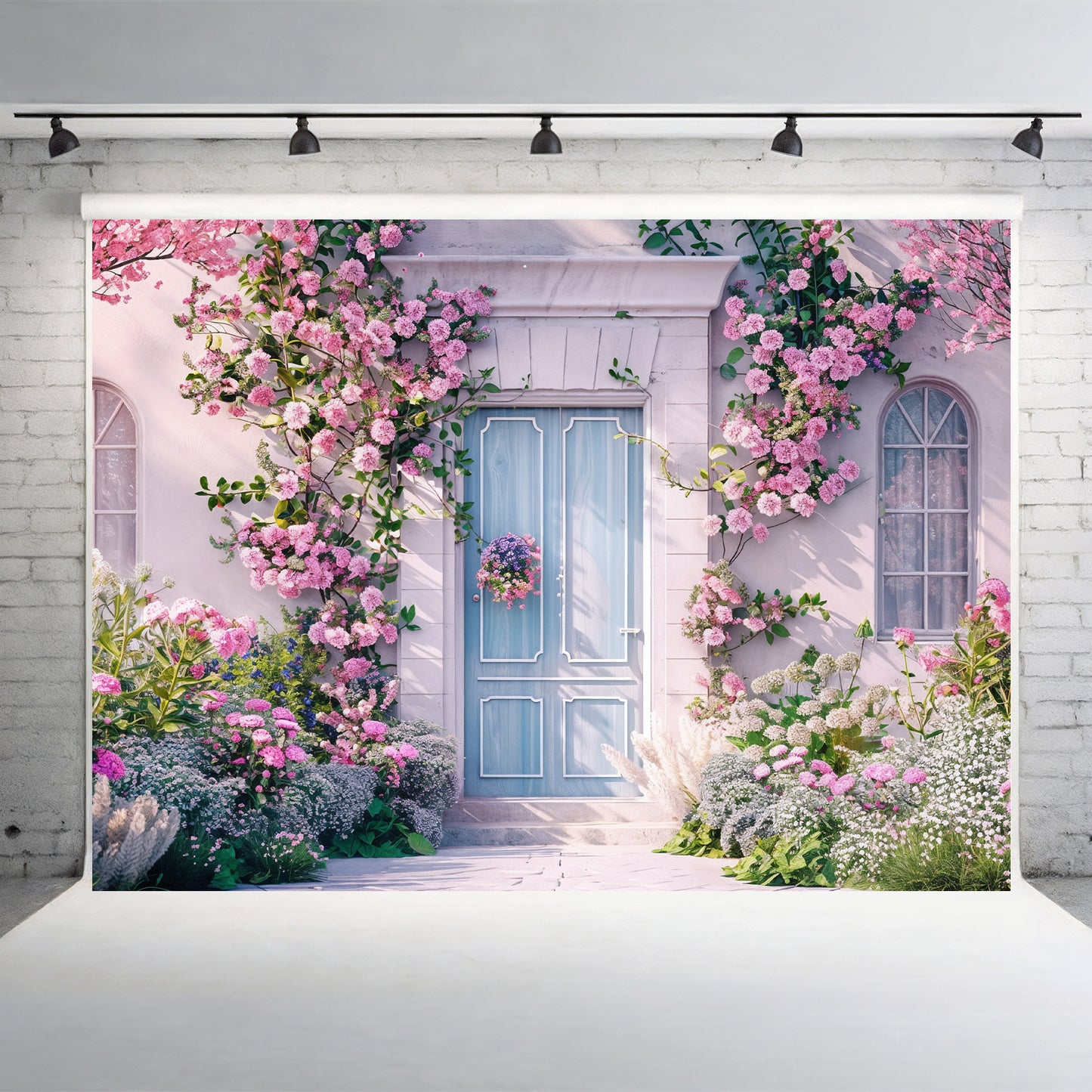 Blooming Pink Cottage Entrance Backdrop