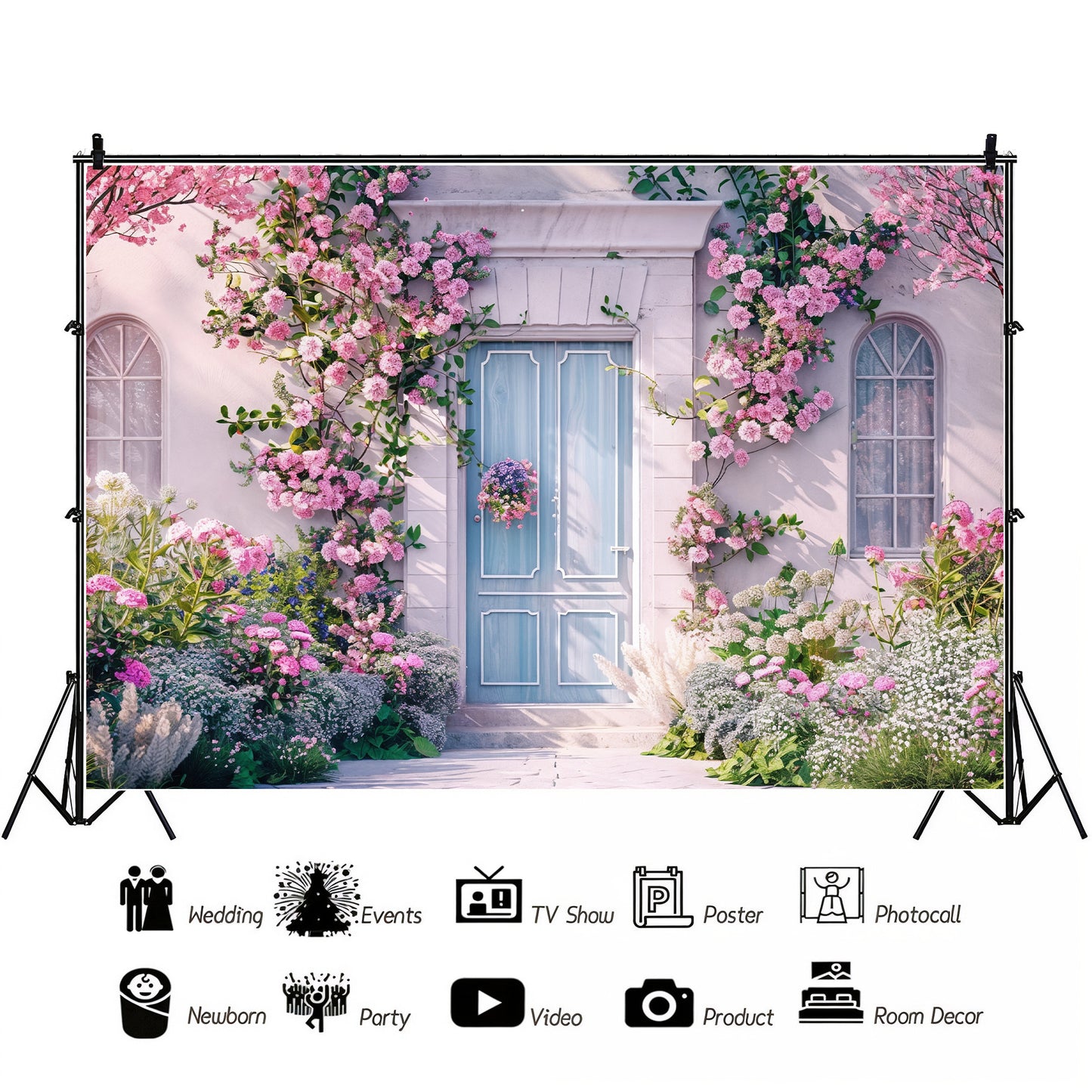 Blooming Pink Cottage Entrance Backdrop