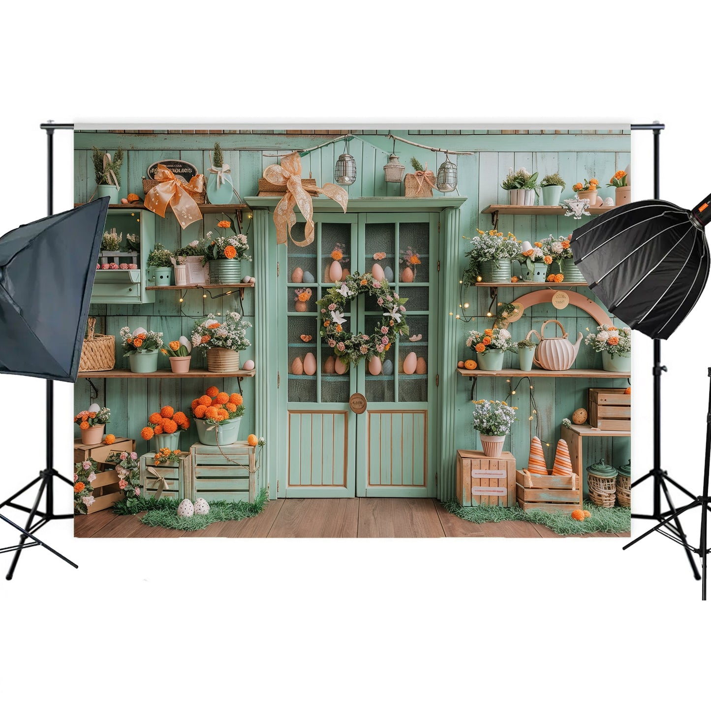 Rustic Spring Garden Shelf Backdrop