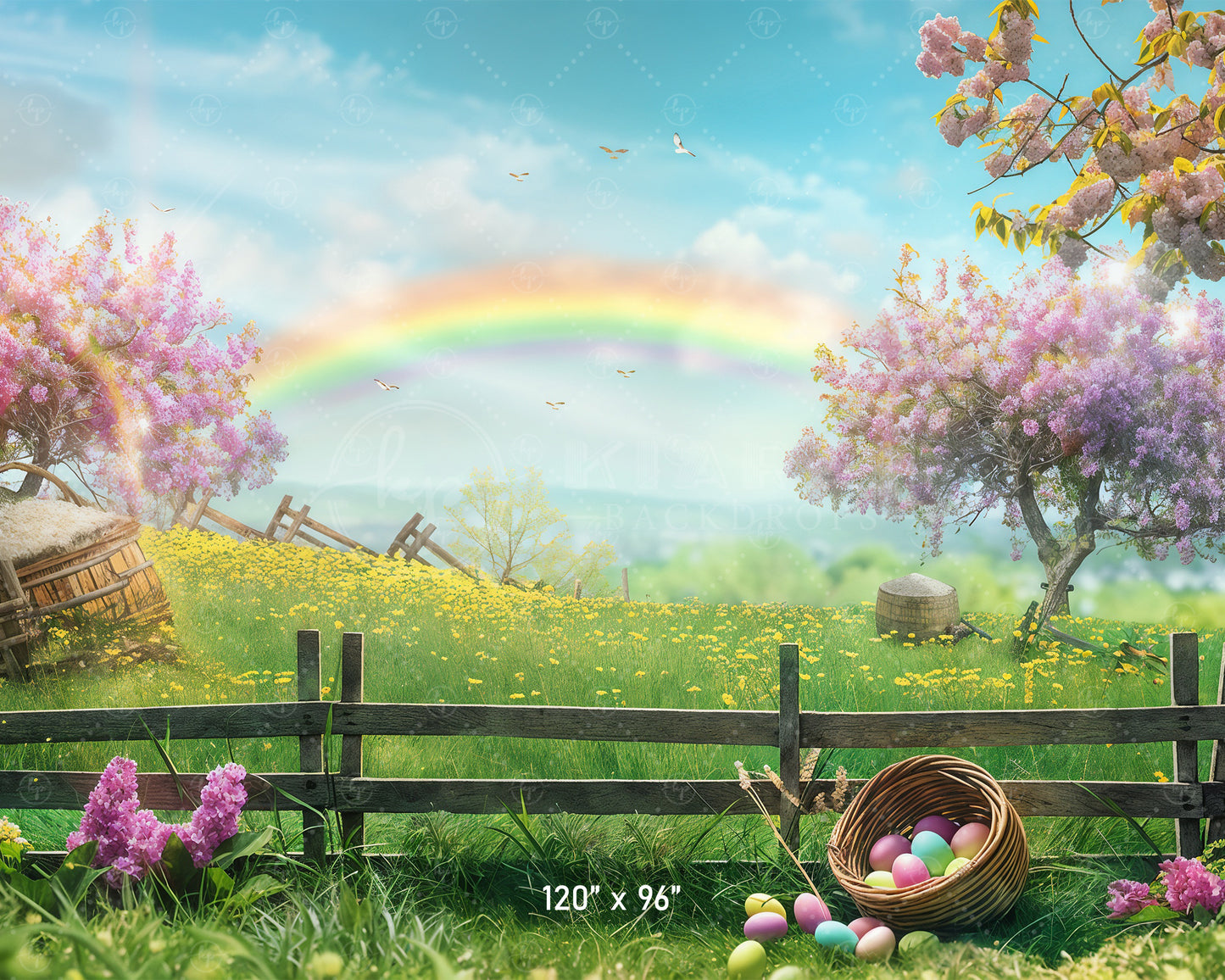 Pastel Easter Meadow with Rainbow Backdrop