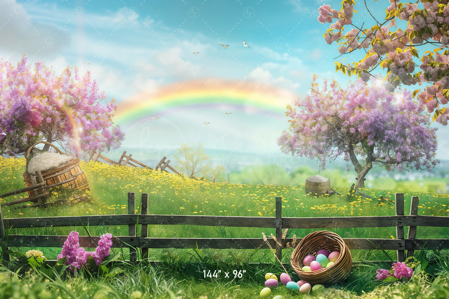 Pastel Easter Meadow with Rainbow Backdrop