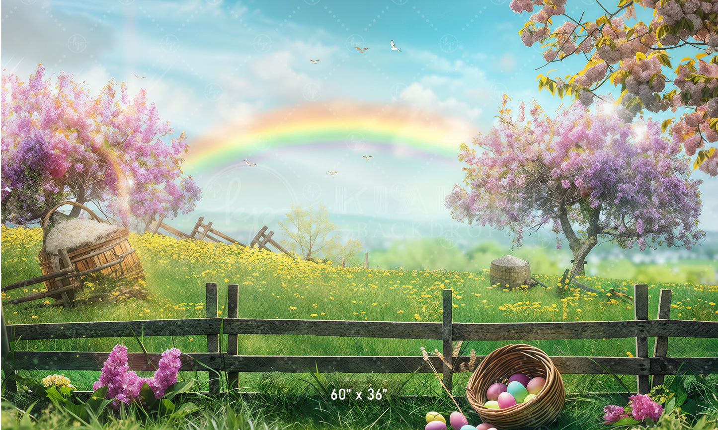 Pastel Easter Meadow with Rainbow Backdrop