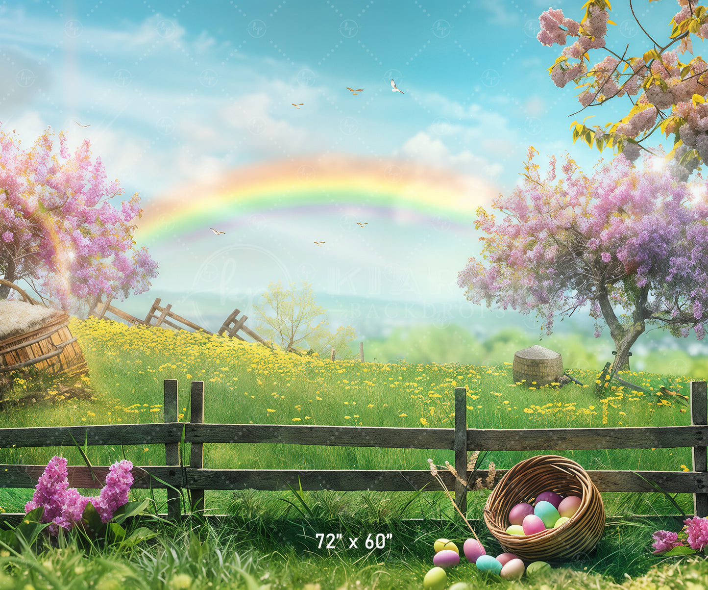 Pastel Easter Meadow with Rainbow Backdrop