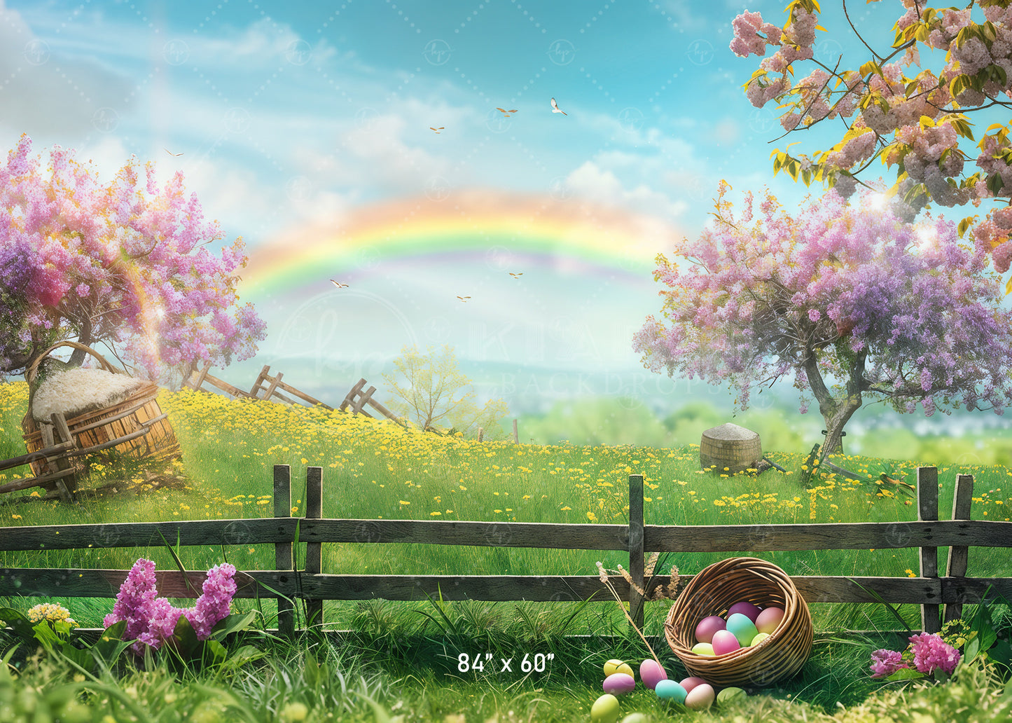 Pastel Easter Meadow with Rainbow Backdrop