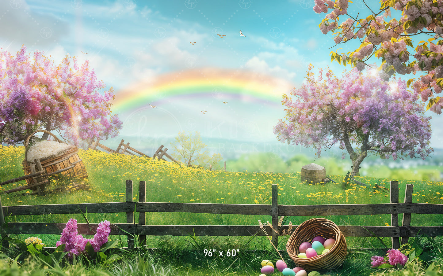 Pastel Easter Meadow with Rainbow Backdrop