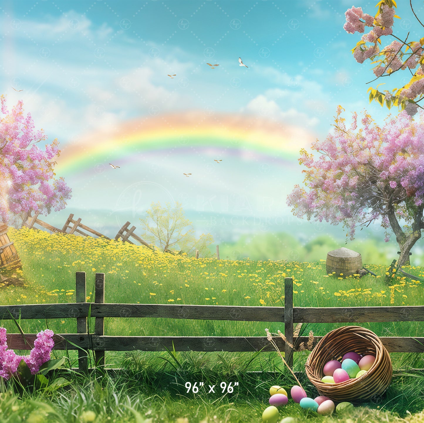 Pastel Easter Meadow with Rainbow Backdrop