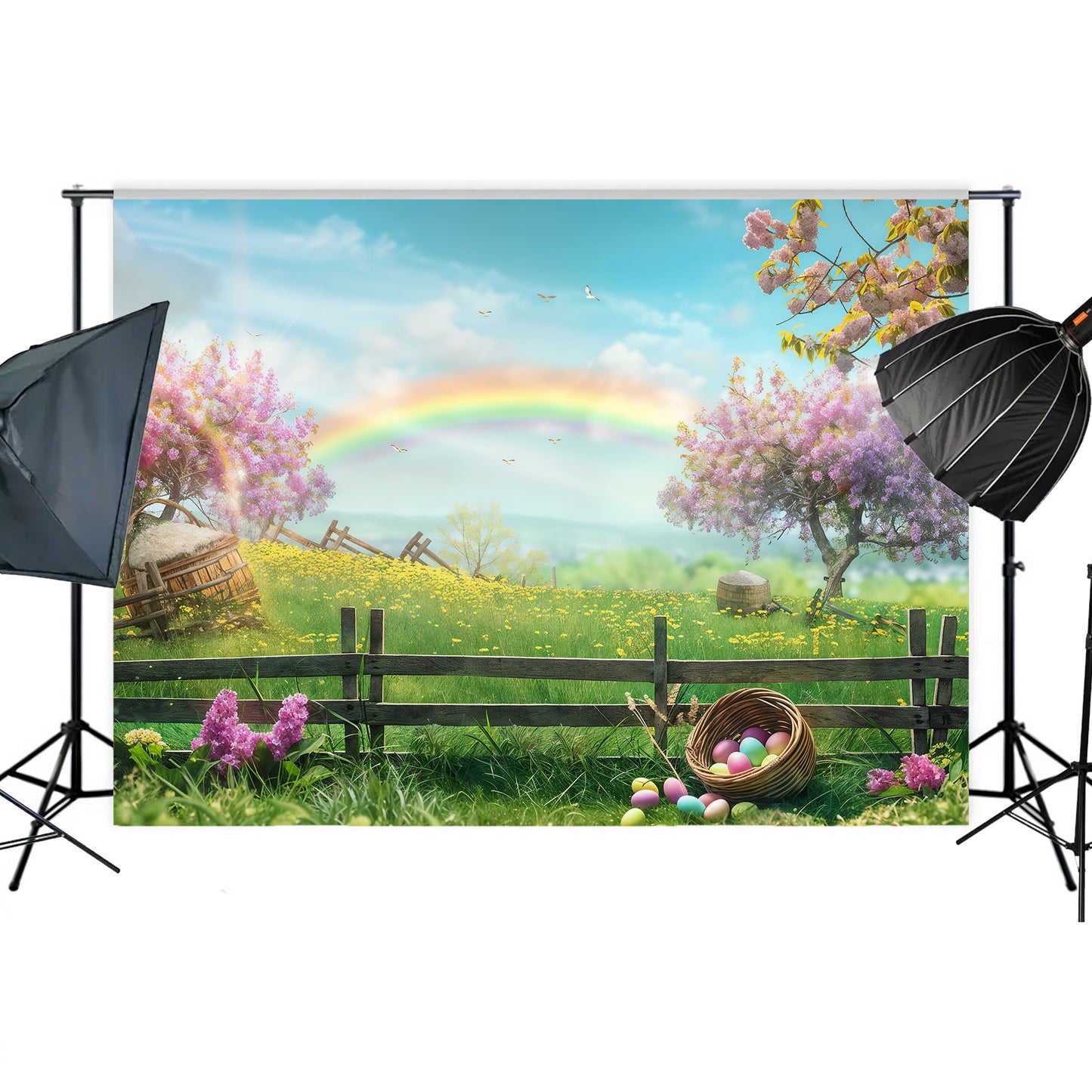 Pastel Easter Meadow with Rainbow Backdrop