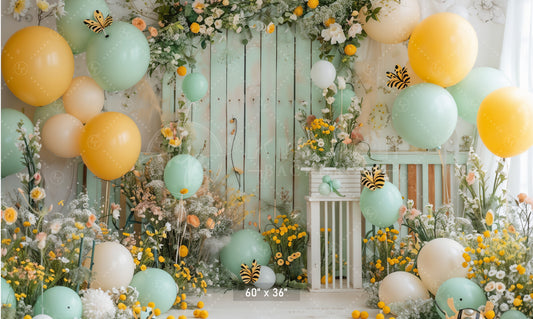 Pastel Floral Garden with Balloons Backdrop