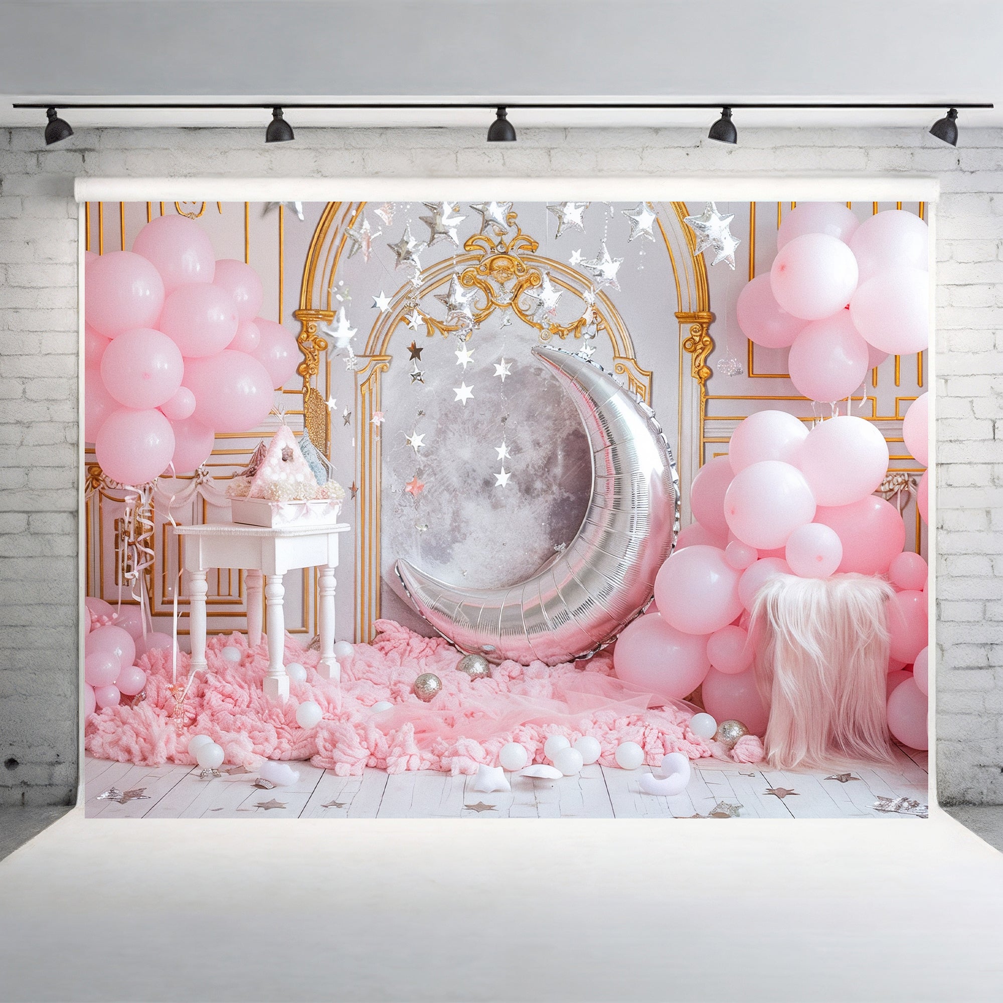 Pink Dream Moon and Stars Backdrop
