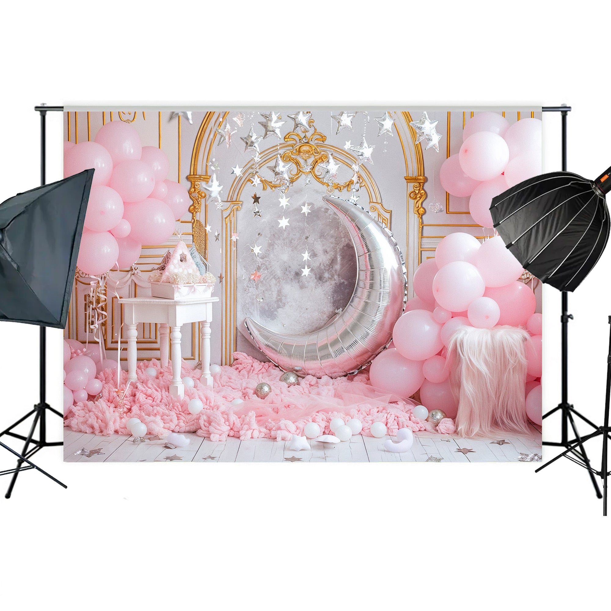 Pink Dream Moon and Stars Backdrop