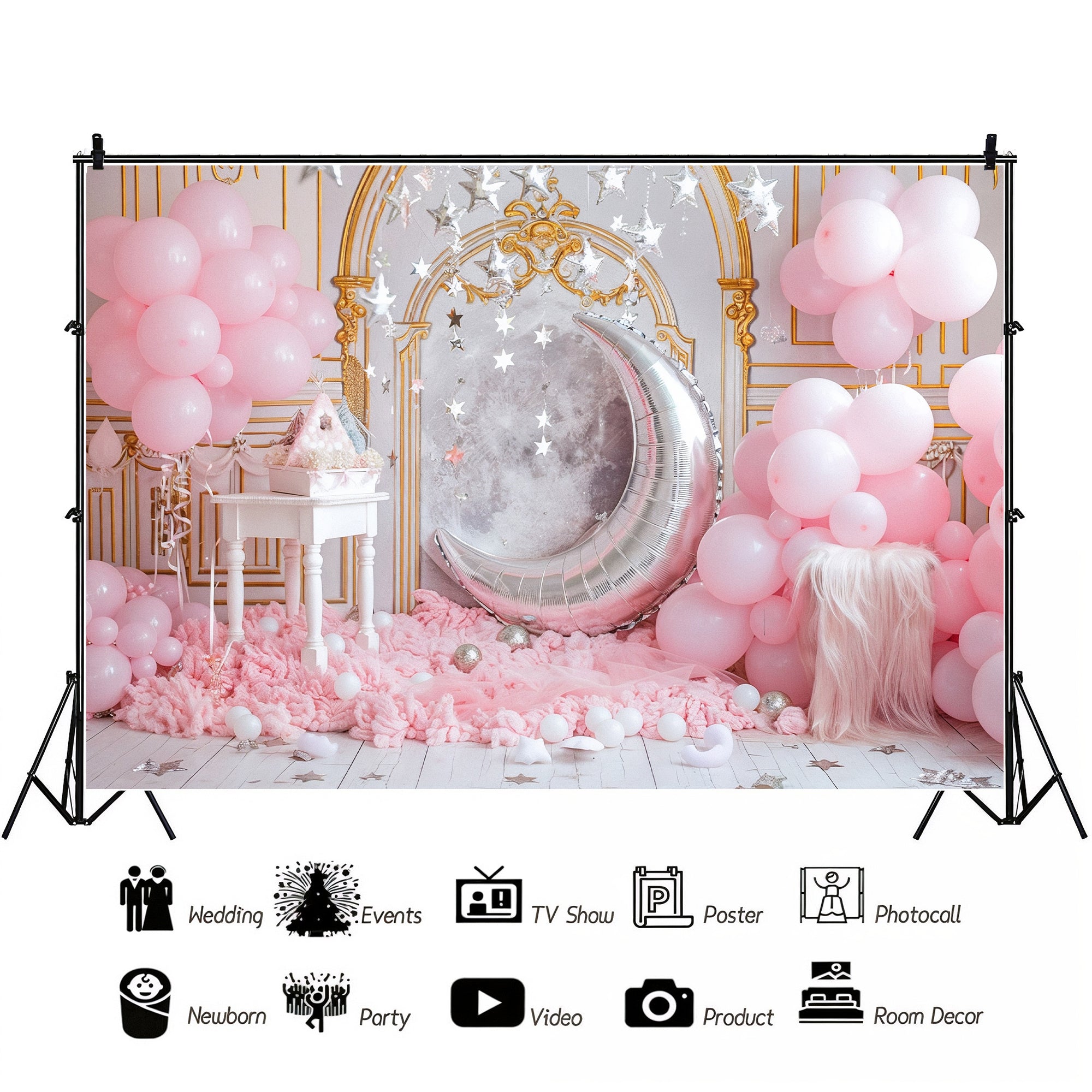 Pink Dream Moon and Stars Backdrop