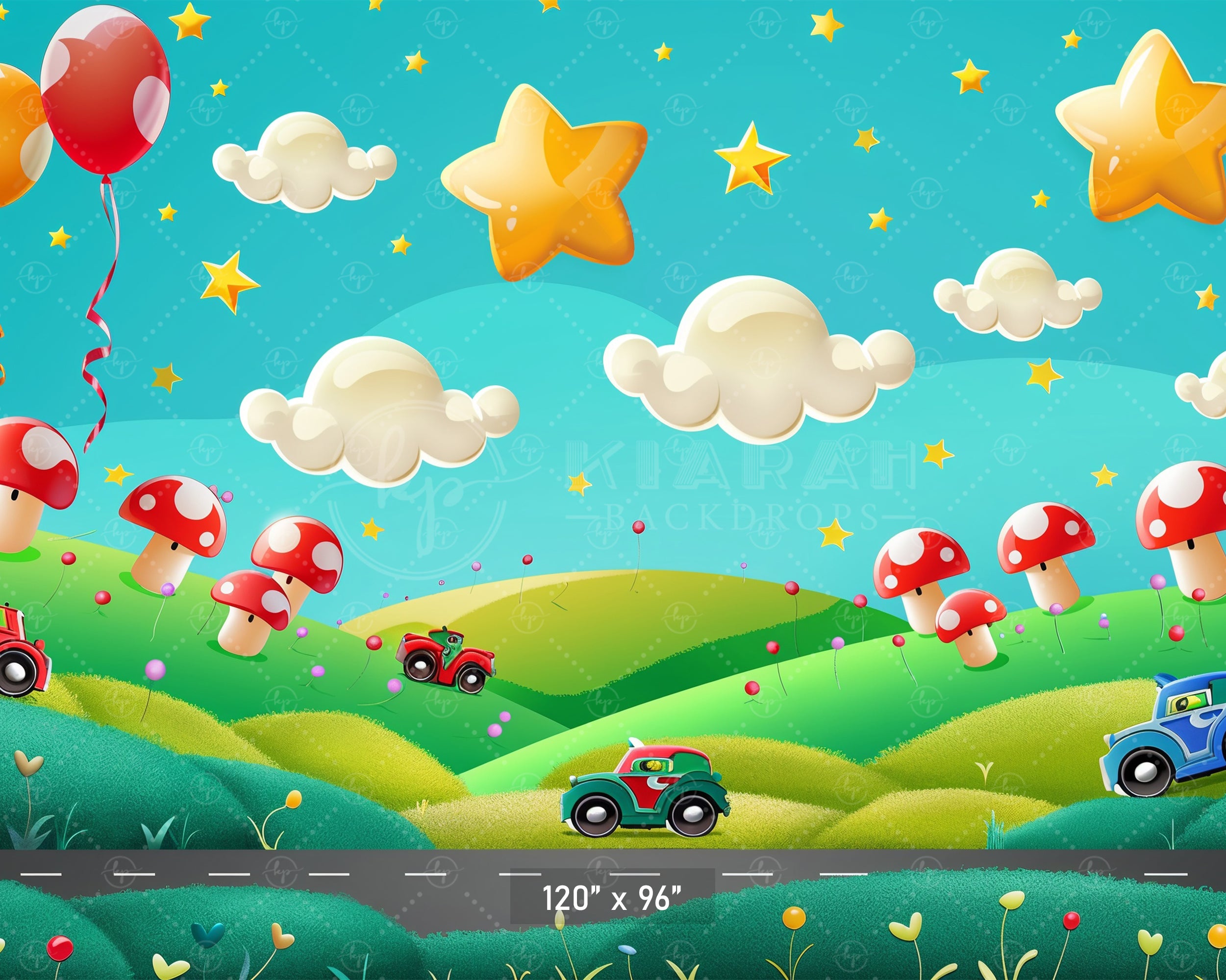 Whimsical Cartoon Landscape Cars and Stars Backdrop