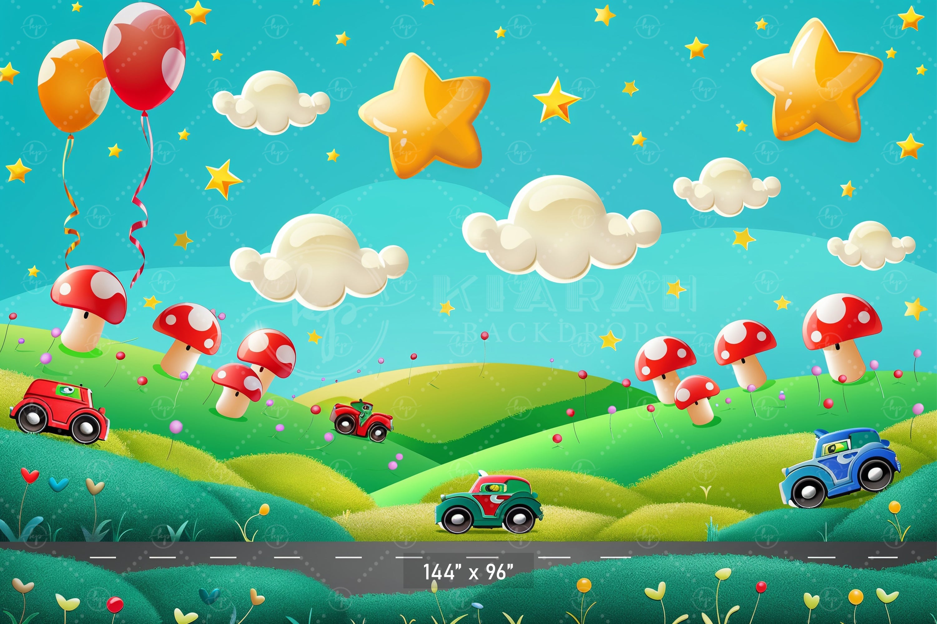 Whimsical Cartoon Landscape Cars and Stars Backdrop