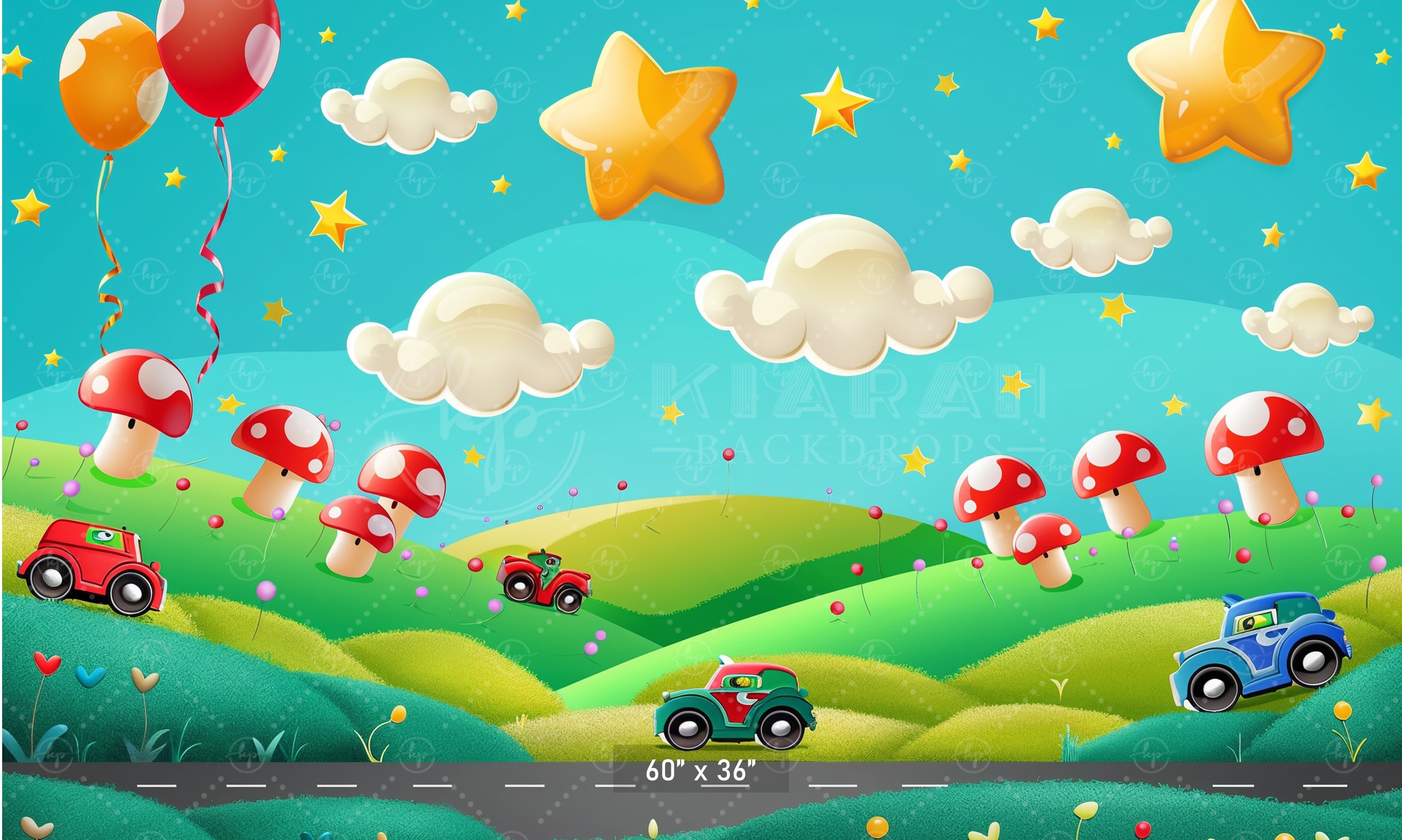 Whimsical Cartoon Landscape Cars and Stars Backdrop