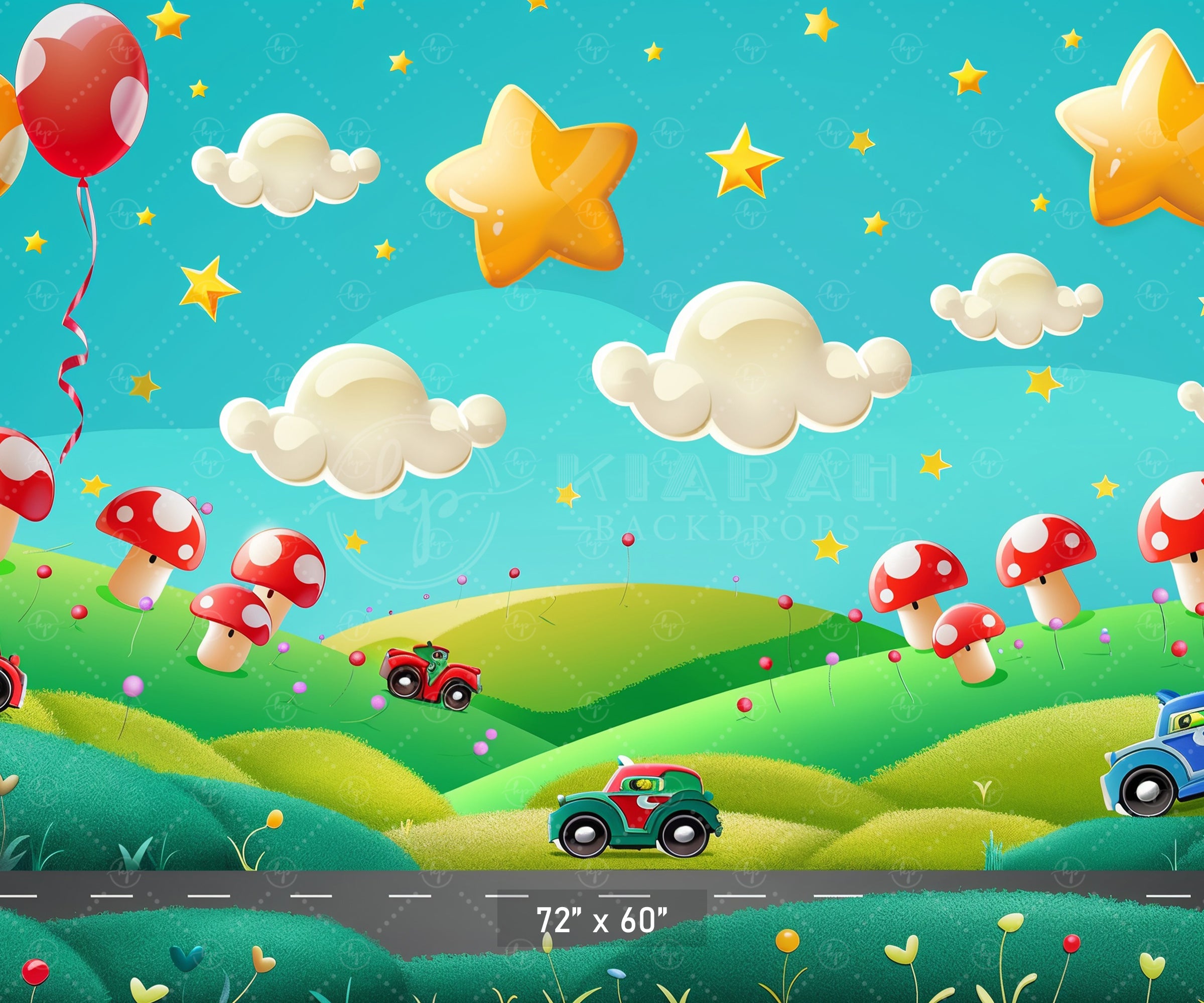 Whimsical Cartoon Landscape Cars and Stars Backdrop