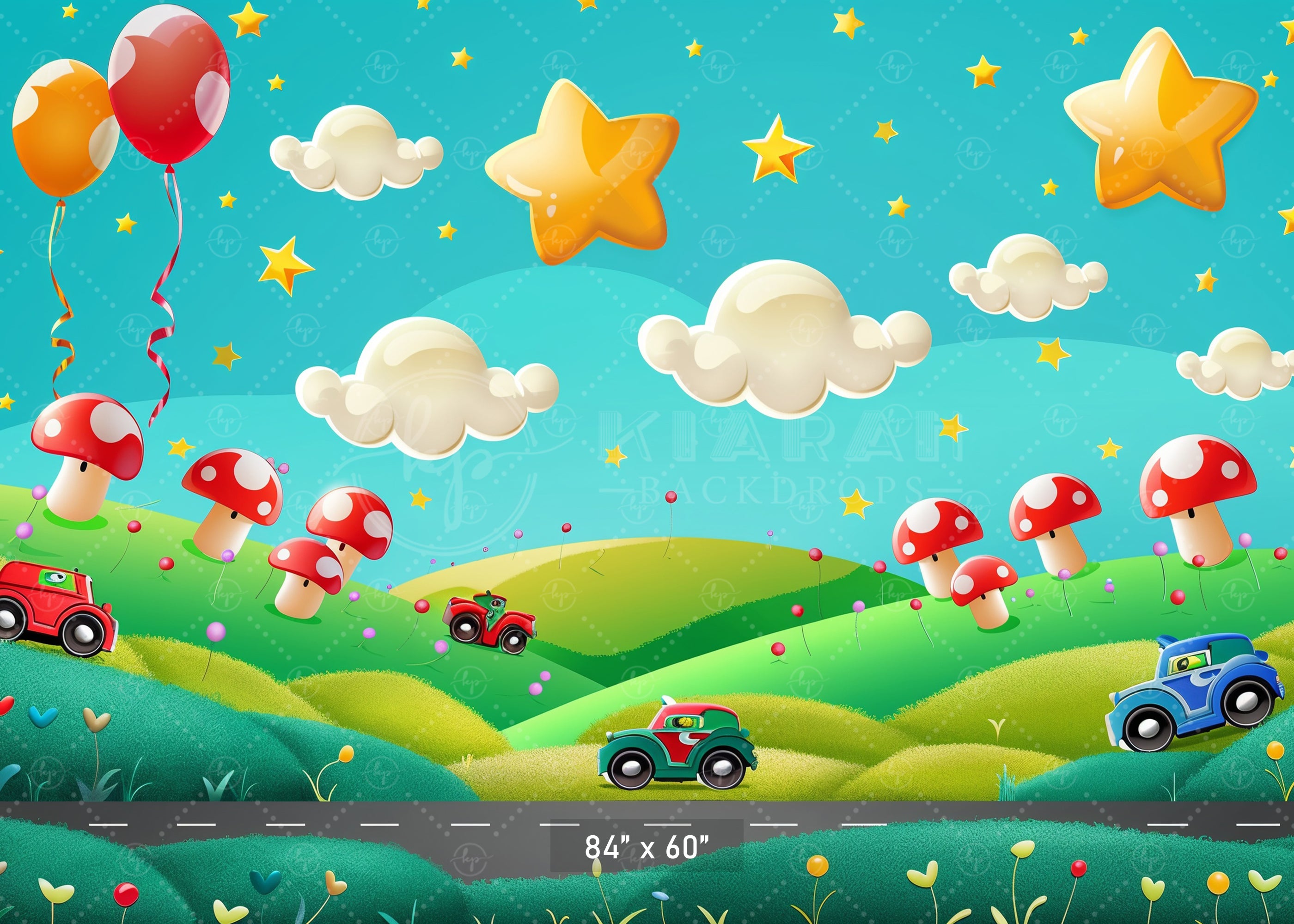 Whimsical Cartoon Landscape Cars and Stars Backdrop