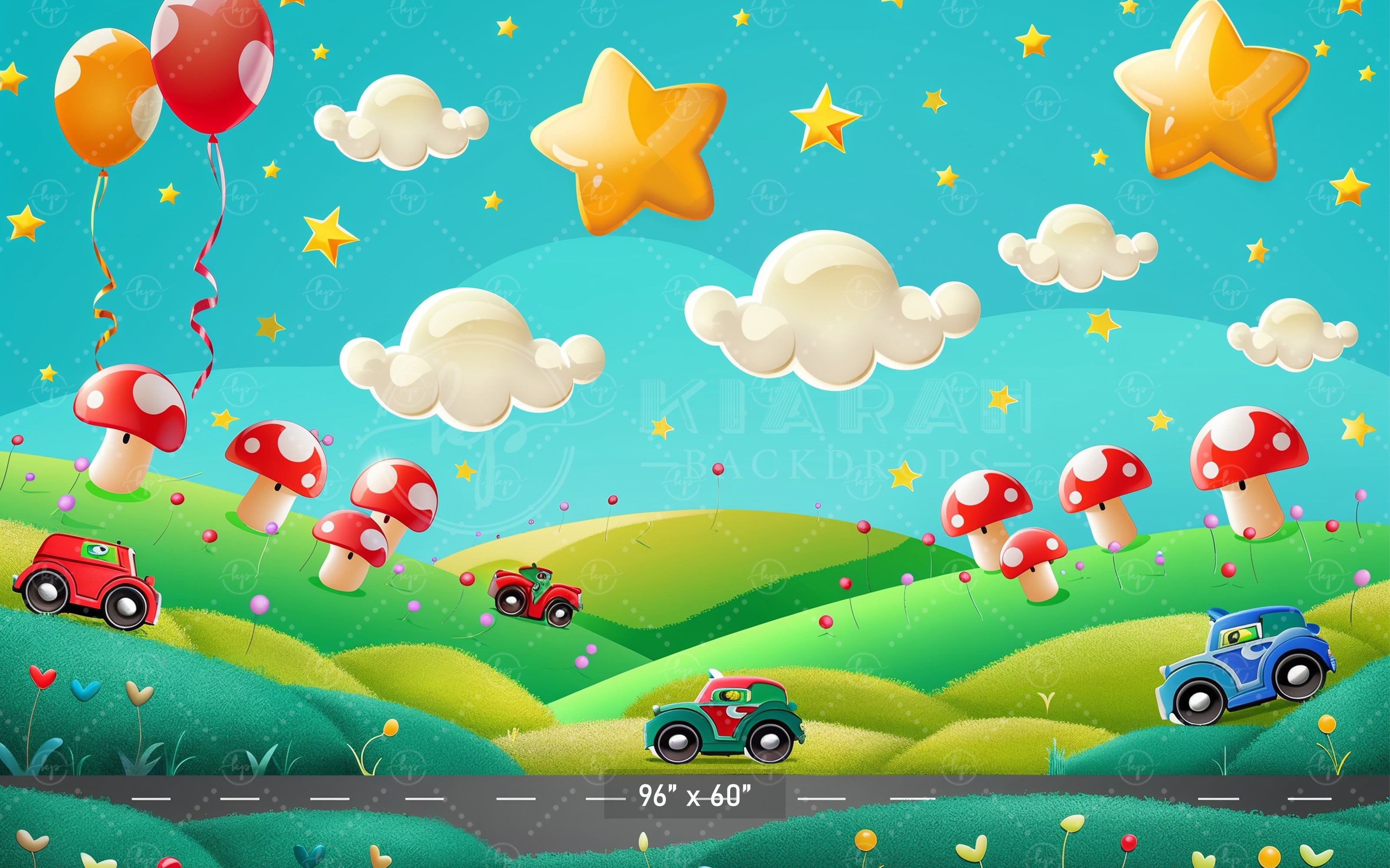 Whimsical Cartoon Landscape Cars and Stars Backdrop